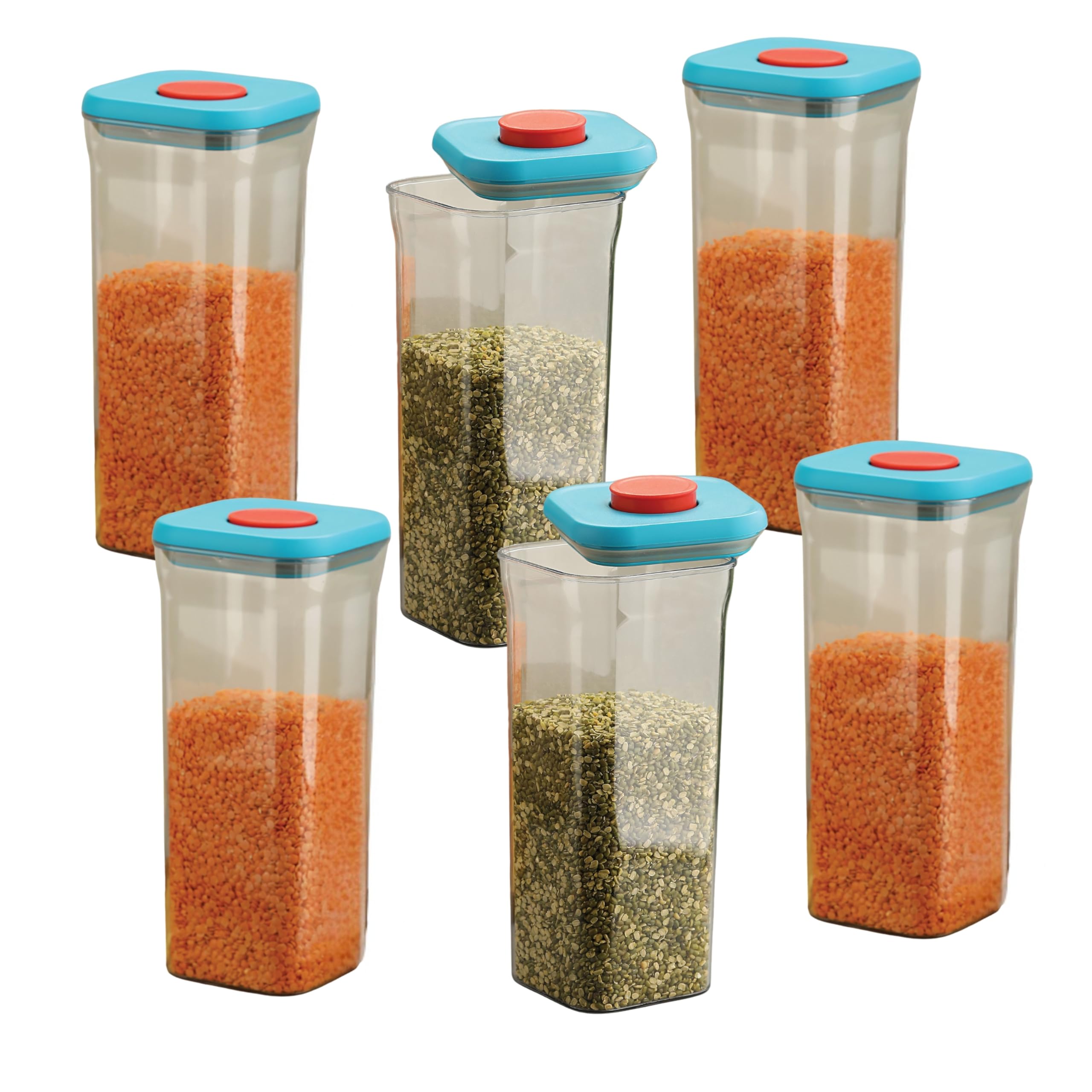Hazel Airtight Food Storage Container | Plastic Kitchen Jar For Pulses, Grains, Cereal, Snacks, 1600 Ml, Blue, Set Of 6