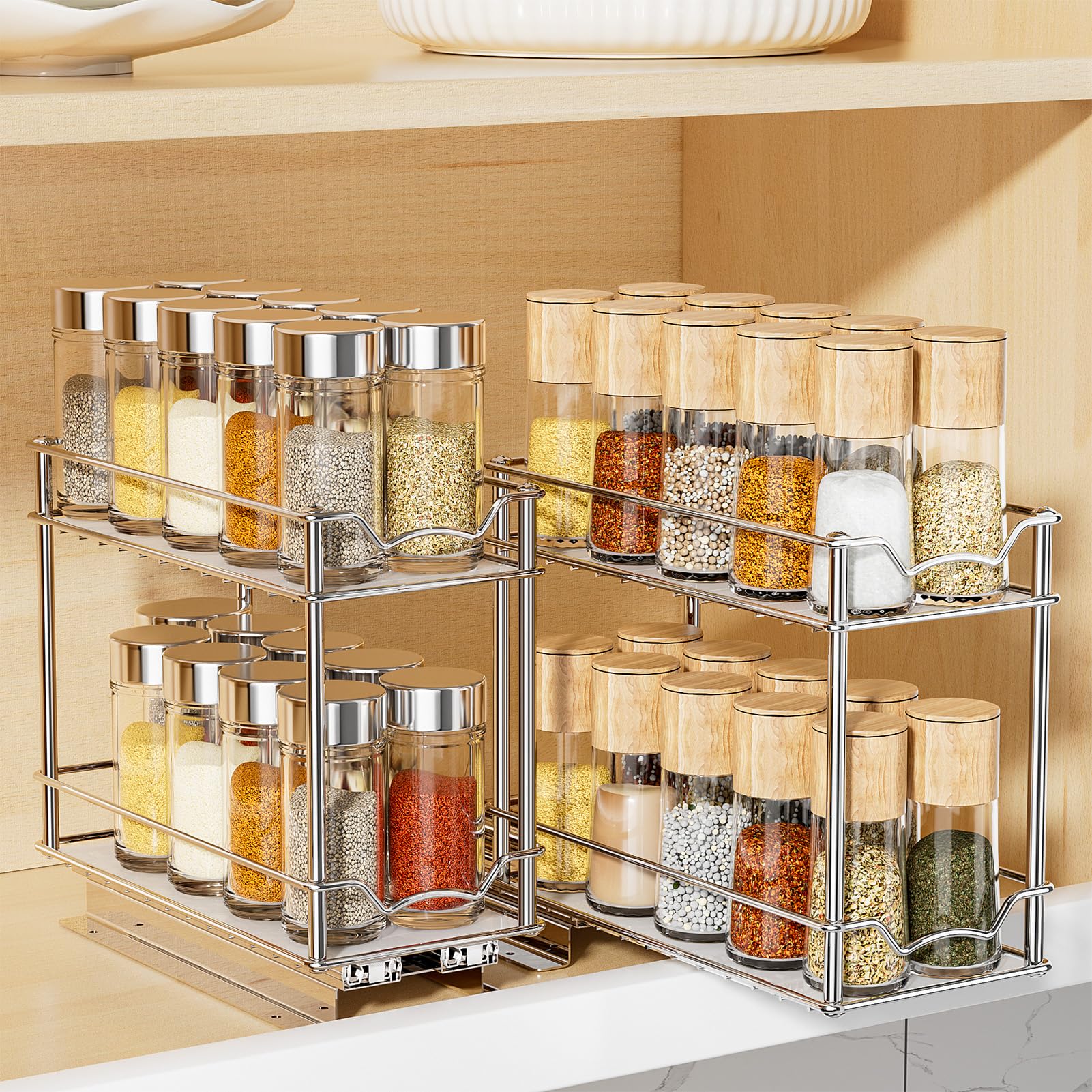 MUDEELA 2 Pack Pull Out Spice Rack for Inside Cabinet, 2 Tier Chrome Spice Organization for Cabinet, Vertical Sliding Out Spice 