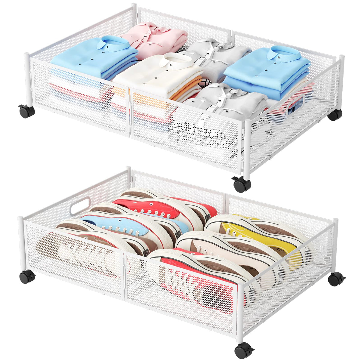 Under Bed Storage with Wheels, Foldable Metal Mesh Underbed Storage Container Bins, Tool-free Assembly Clothes Drawer Organizer,