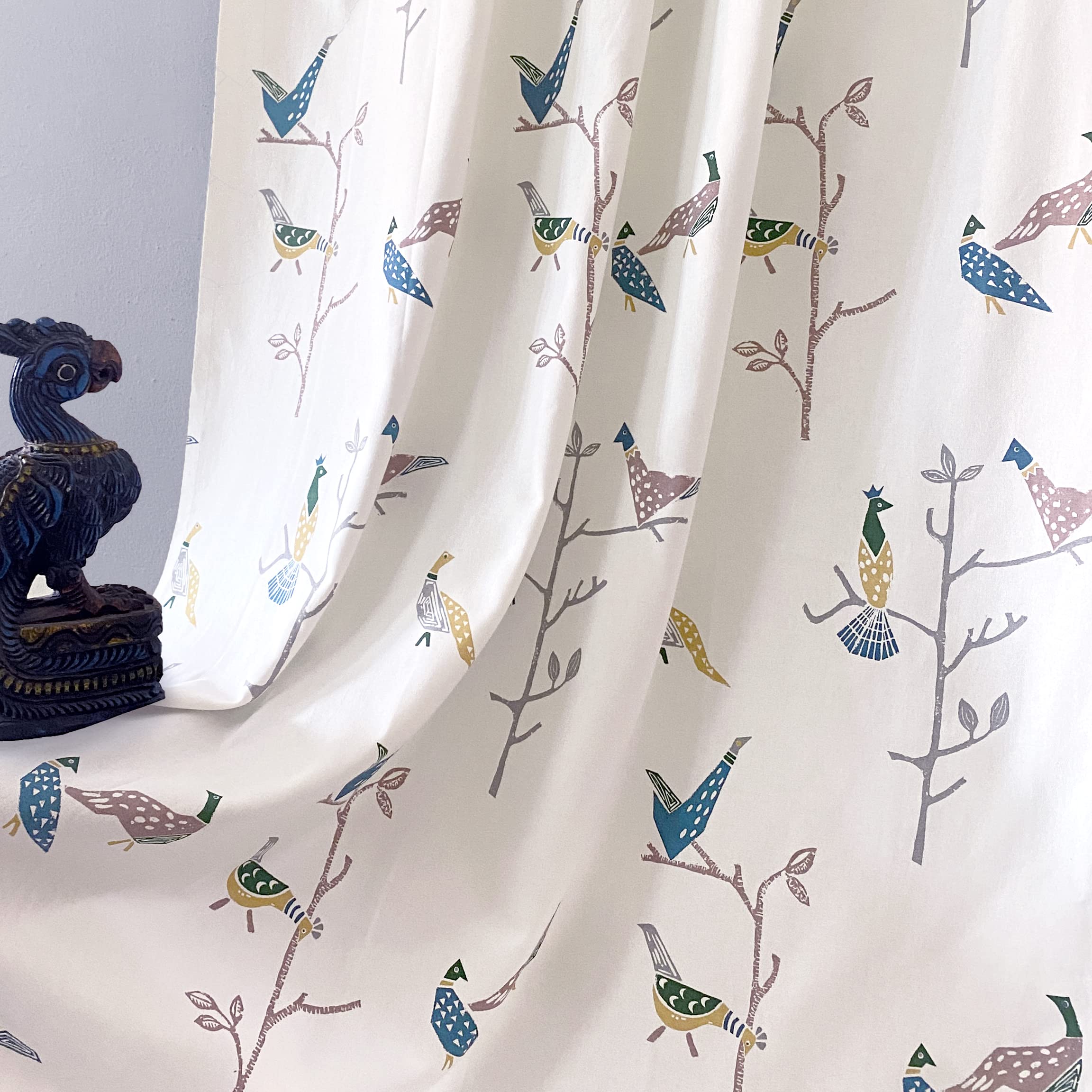 Tranquebar Curtain Co. Window Curtains 5 Feet, 60-65% Room Darkening, Multicolor (Blue, Yellow) Bird Print, Cotton Curtains For 