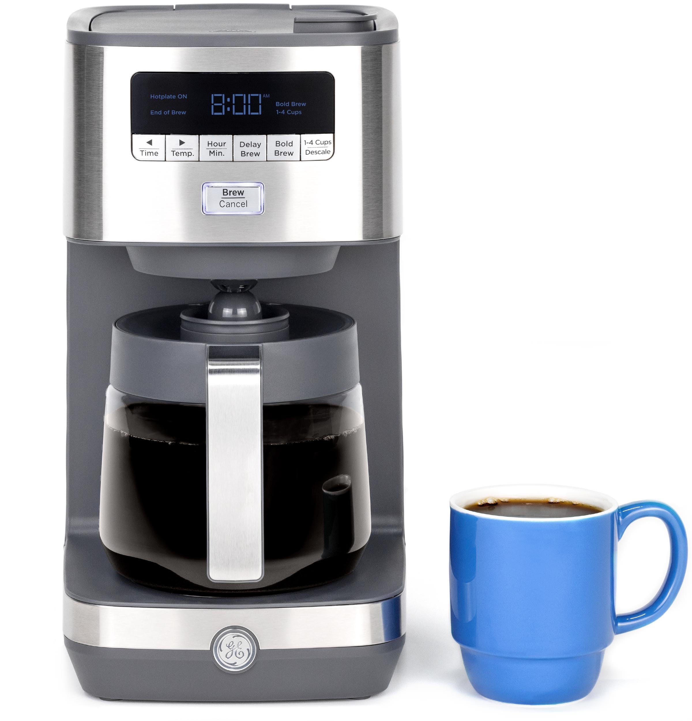 GE Drip Coffee Maker With Timer | 12-Cup Glass Carafe Coffee Pot With Adjustable Keep Warm Plate | Wide Shower Head for Maximum 