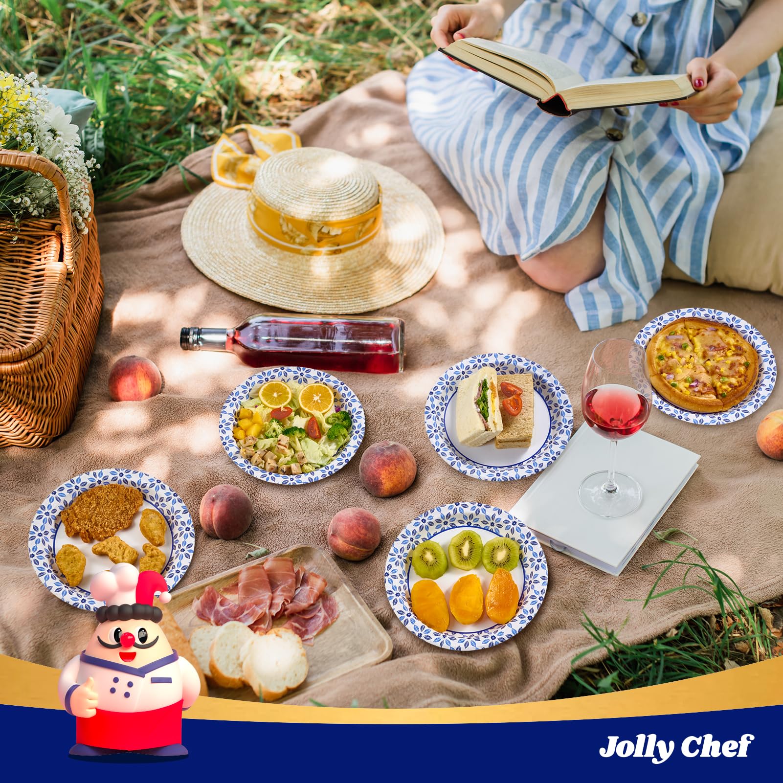 JOLLY CHEF 8.37 inch Paper Plates 280 Count Soak Proof  Cut Proof  Microwave Safe Heavy Duty Printed Disposable Plate for Everyday Use