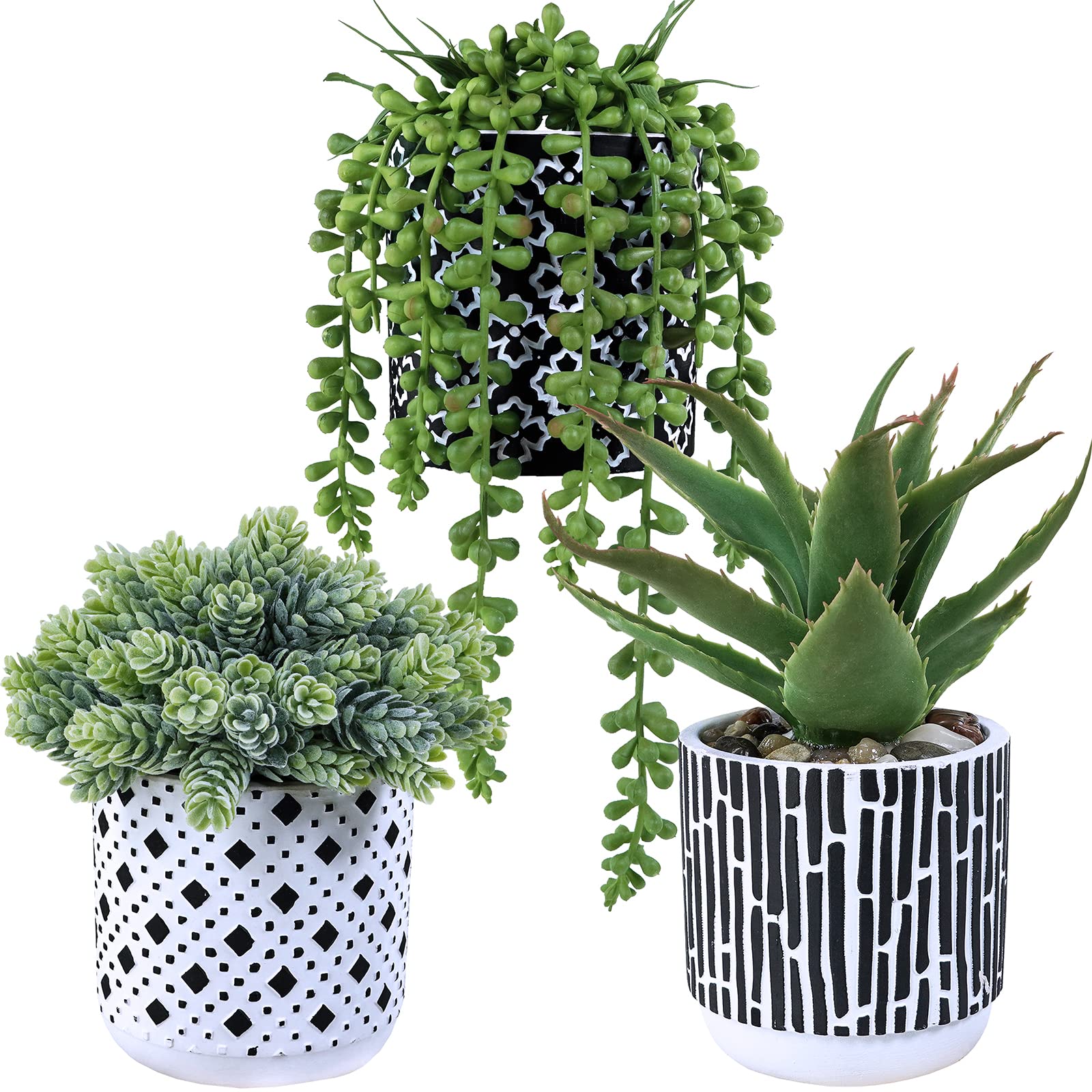 Winlyn 3 Pcs Small Potted Succulents Plants Artificial Aloe Hops String of Pearls Succulents in Black and White Concrete Pots fo