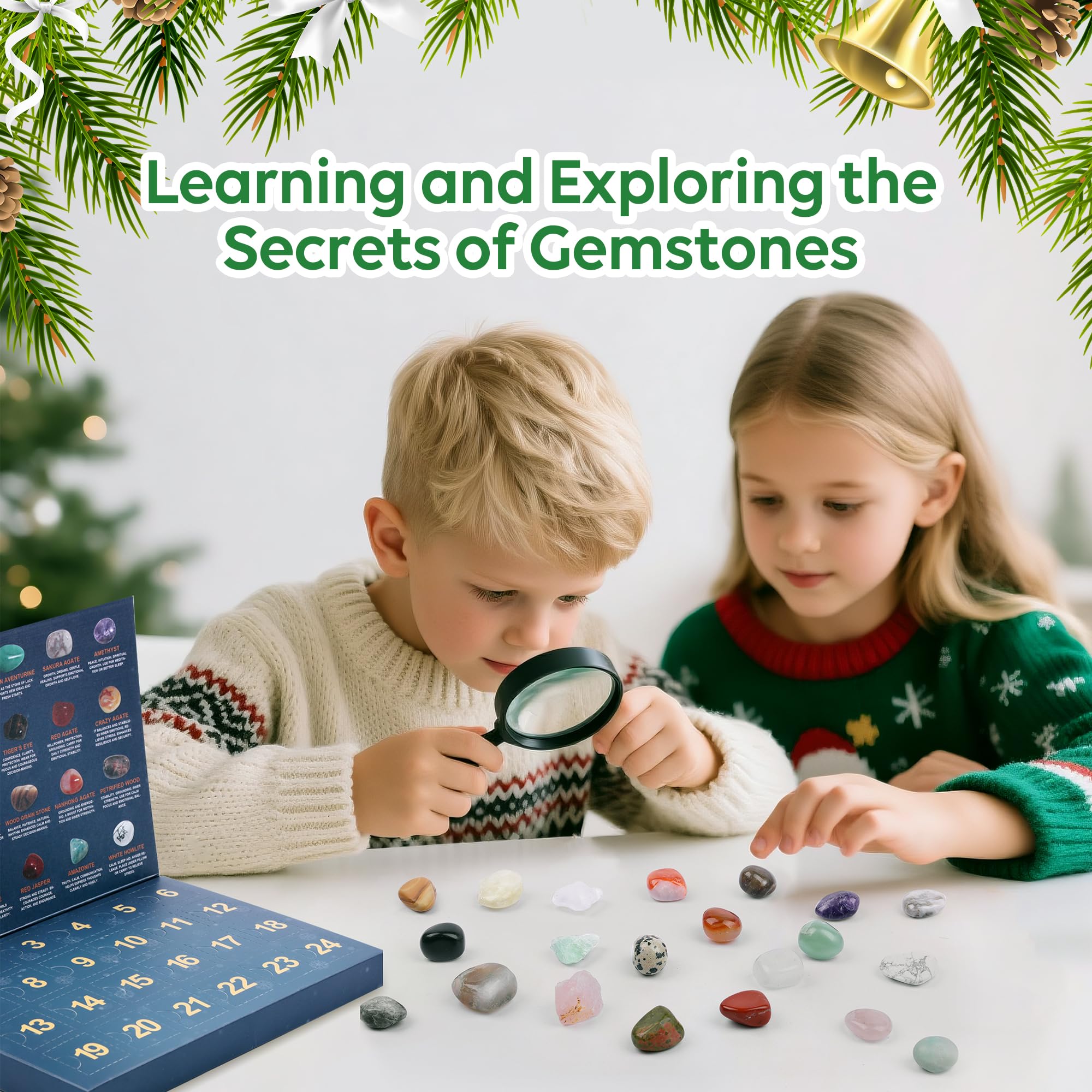 Crystal Advent Calendar 2025 for Kids, 24 Natural Gemstones & Healing Stones Advent Calendar with Geographic Gemstone Rocks and