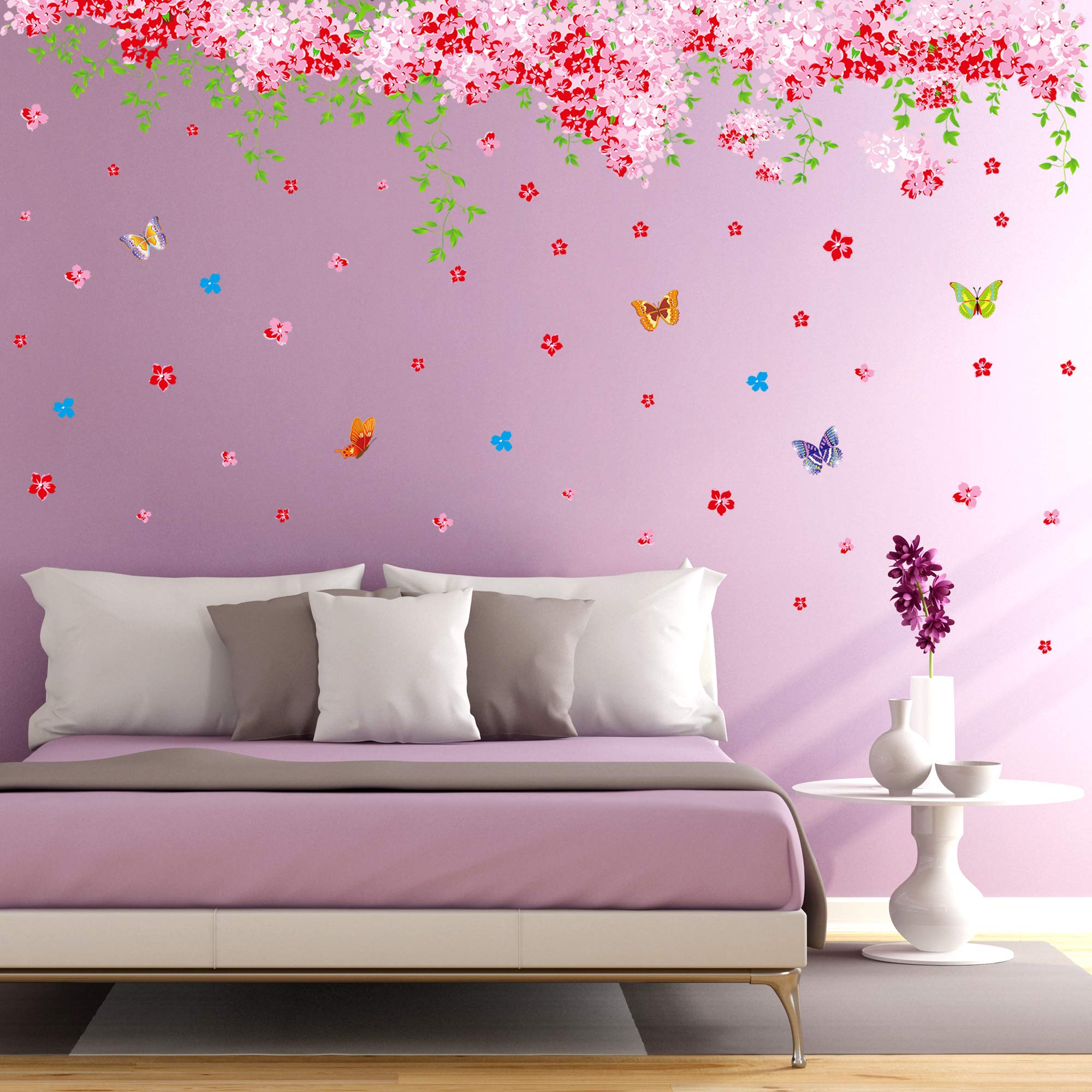 Amaonm Large Huge Fashion Pink Romantic Cherry Blossom Flower Vine Butterfly Wall Corner Decal Wall Stickers Murals Wallpaper Fo