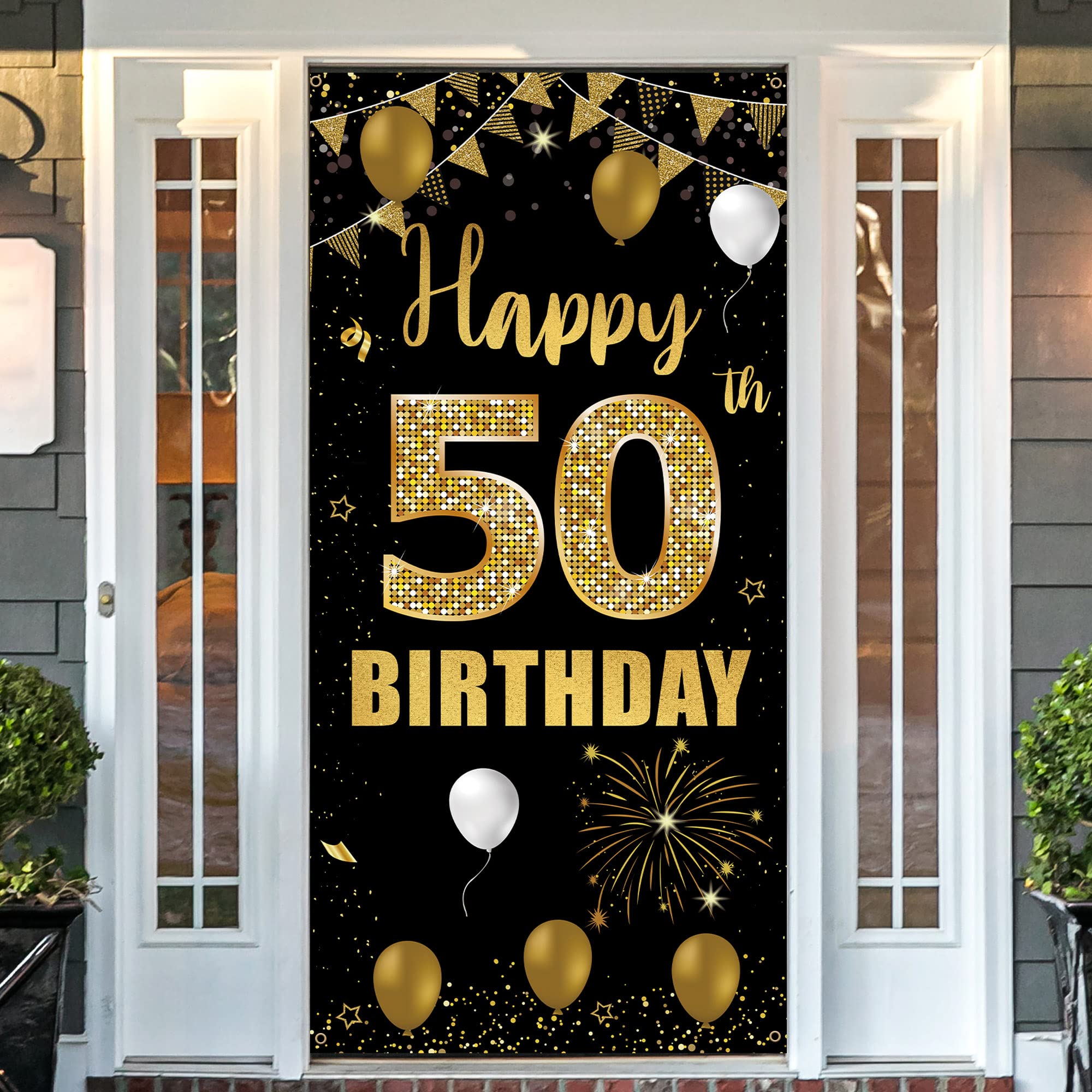 50Th Birthday Door Banner Backdrop, Black Gold Happy 50Th Birthday Decorations Women Men, 50 Years Birthday Photo Booth Props, F