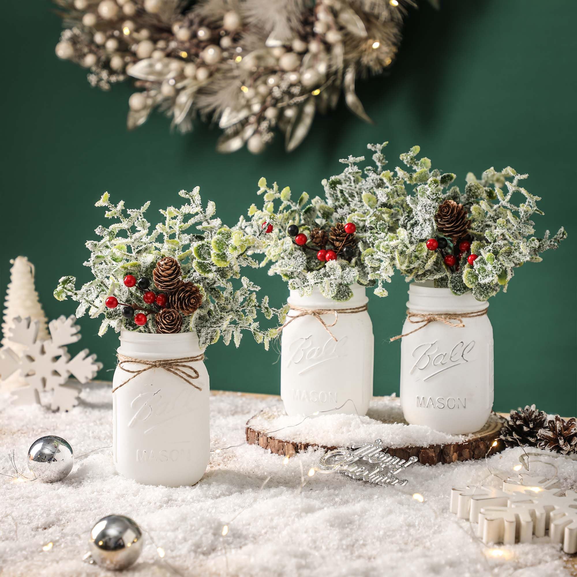 Christmas Mason Jars, Set of 3 White Painted Jars with Artificial Pine and Berries in Wood Tray, Christmas Centerpieces for Dini