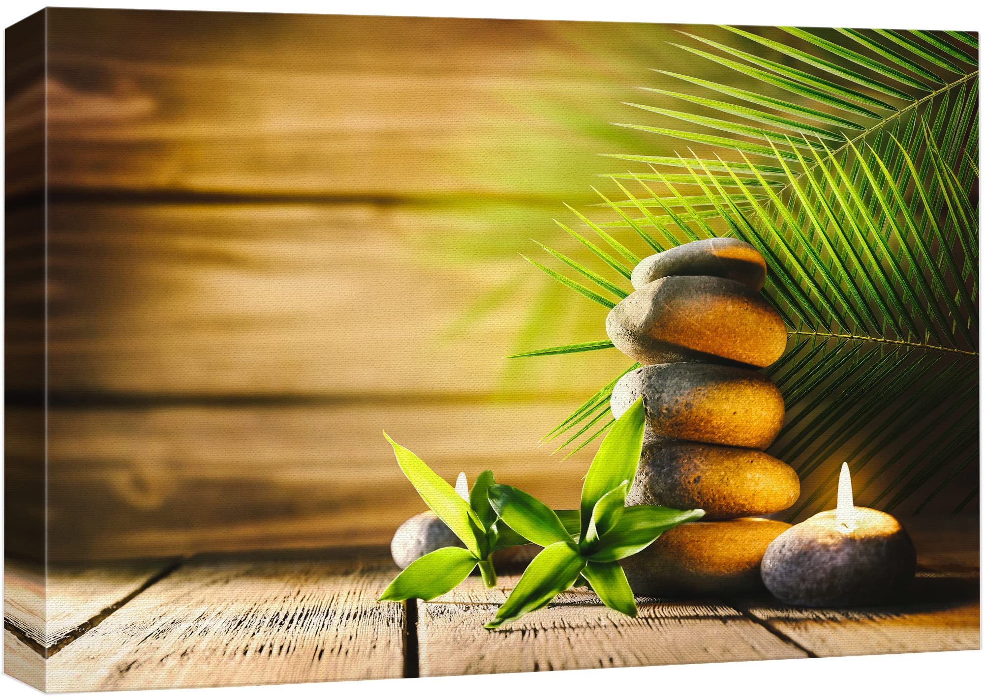 Wall26 Canvas Print Wall Art Wood Panel Zen Palm Leaf Meditation Candle Massage Stones Nature Wilderness Photography Realism Lan