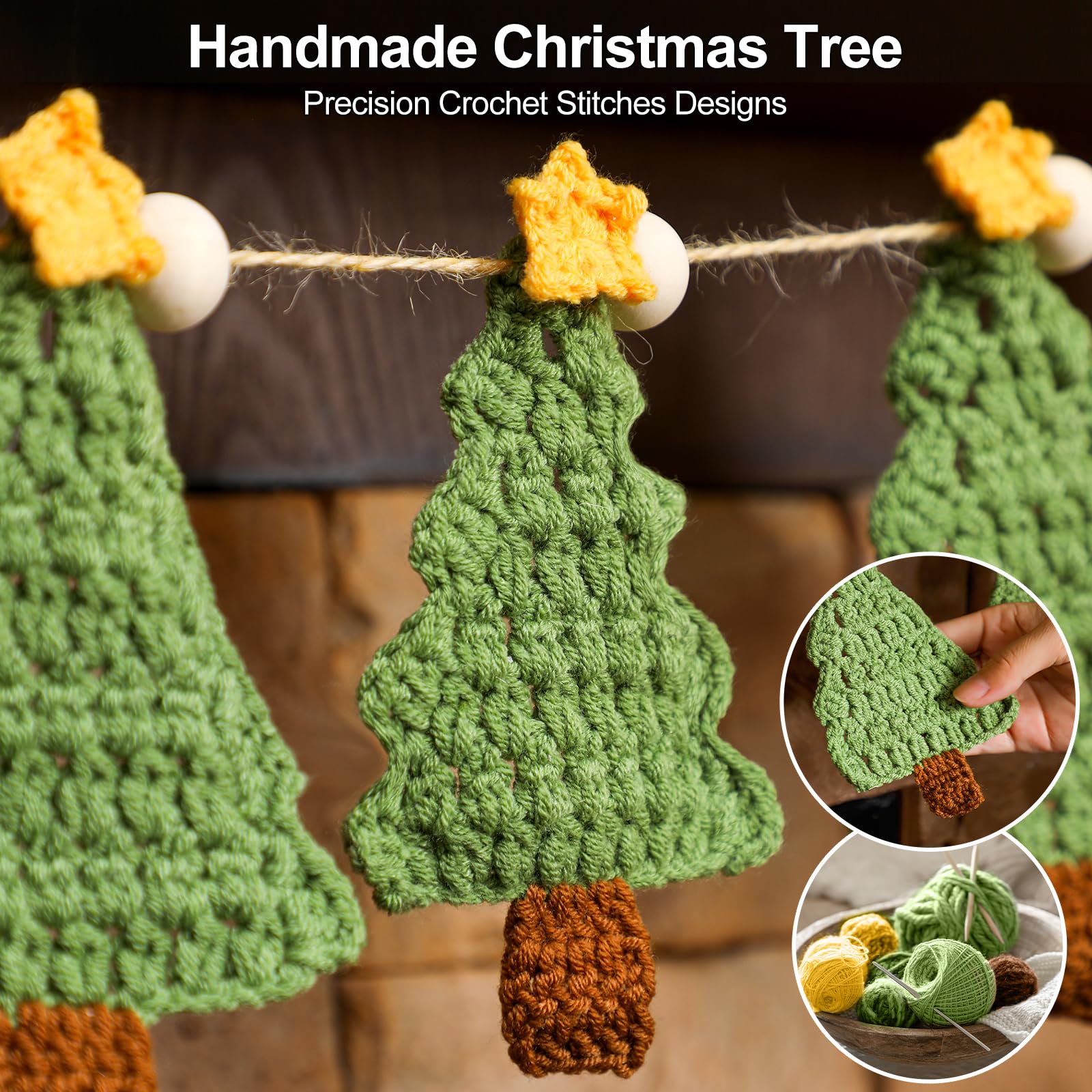 Tudomro Crochet Christmas Tree Garland 6.56 ft Rustic Handmade Xmas Banner Christmas Tree Wooden Beads Farmhouse Hanging Decor f