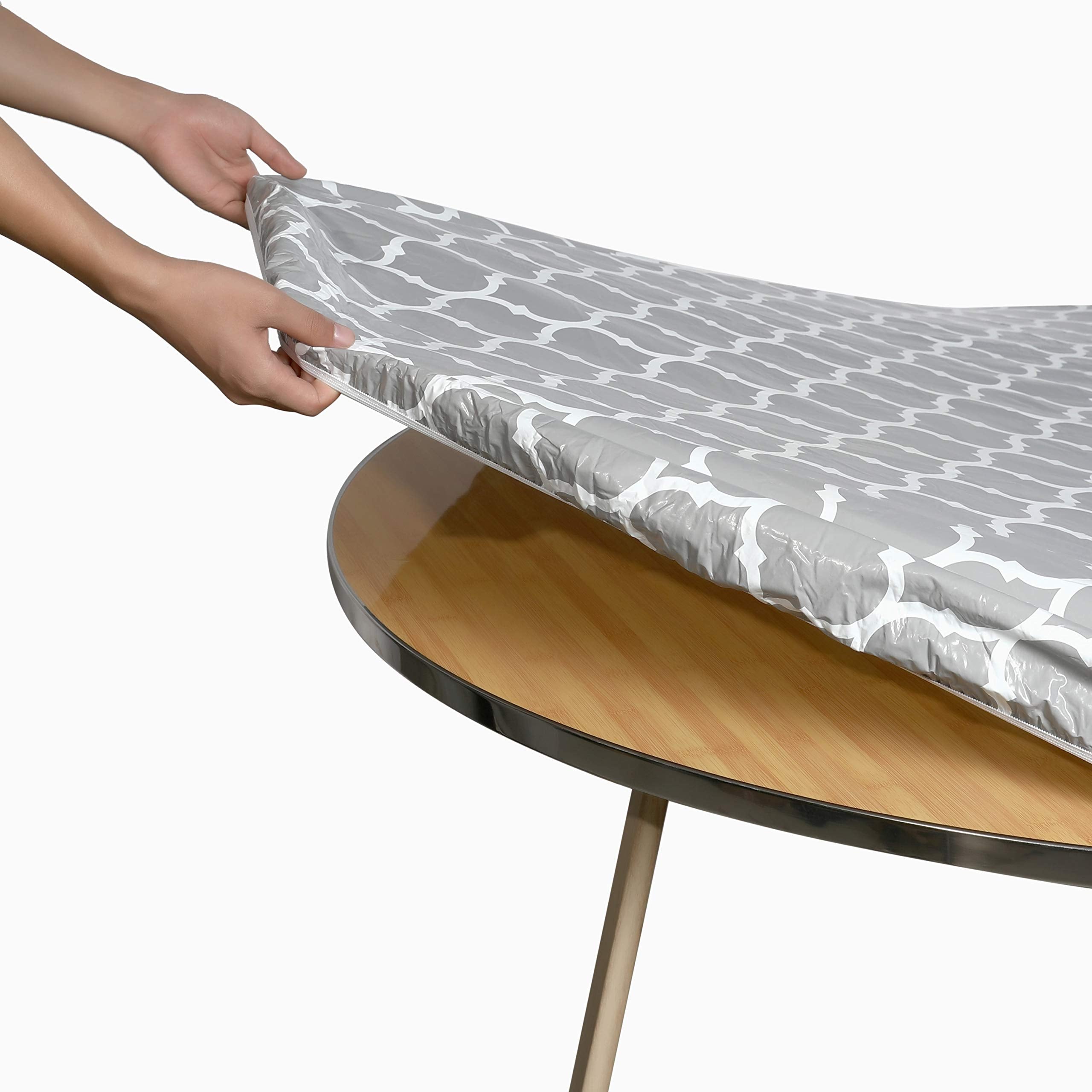 Rally Home Goods Indoor Outdoor Patio Round Fitted Vinyl Tablecloth, Flannel Backing, Elastic Edge, Waterproof Wipeable Plastic