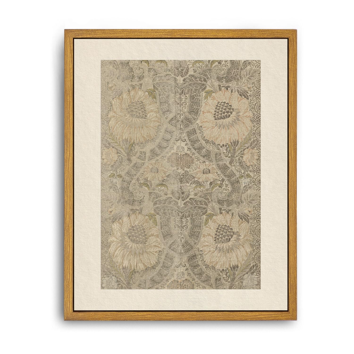 Roslynity Framed Canvas Wall Art Vintage Print Paintings Neutral Tapestry Textile Antique Peonies Leaves Pattern Silk Silver Bro