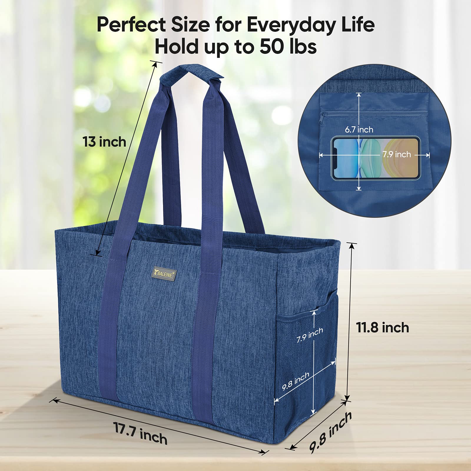 Baleine Soft 9 Gallon Extra Large Utility Tote, Foldable Reusable Storage Bag (Denim Blue)