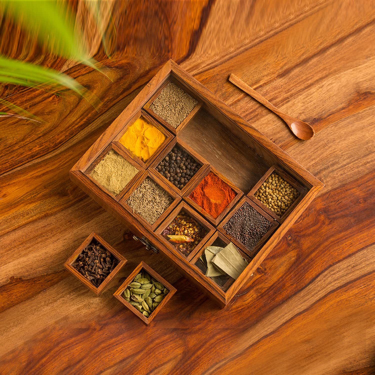 ExclusiveLane Twelve Blends Spice Box with 12 Containers & Spoon (Sheesham Wood) - Wooden Spice Box Set for Kitchen Masala Spice