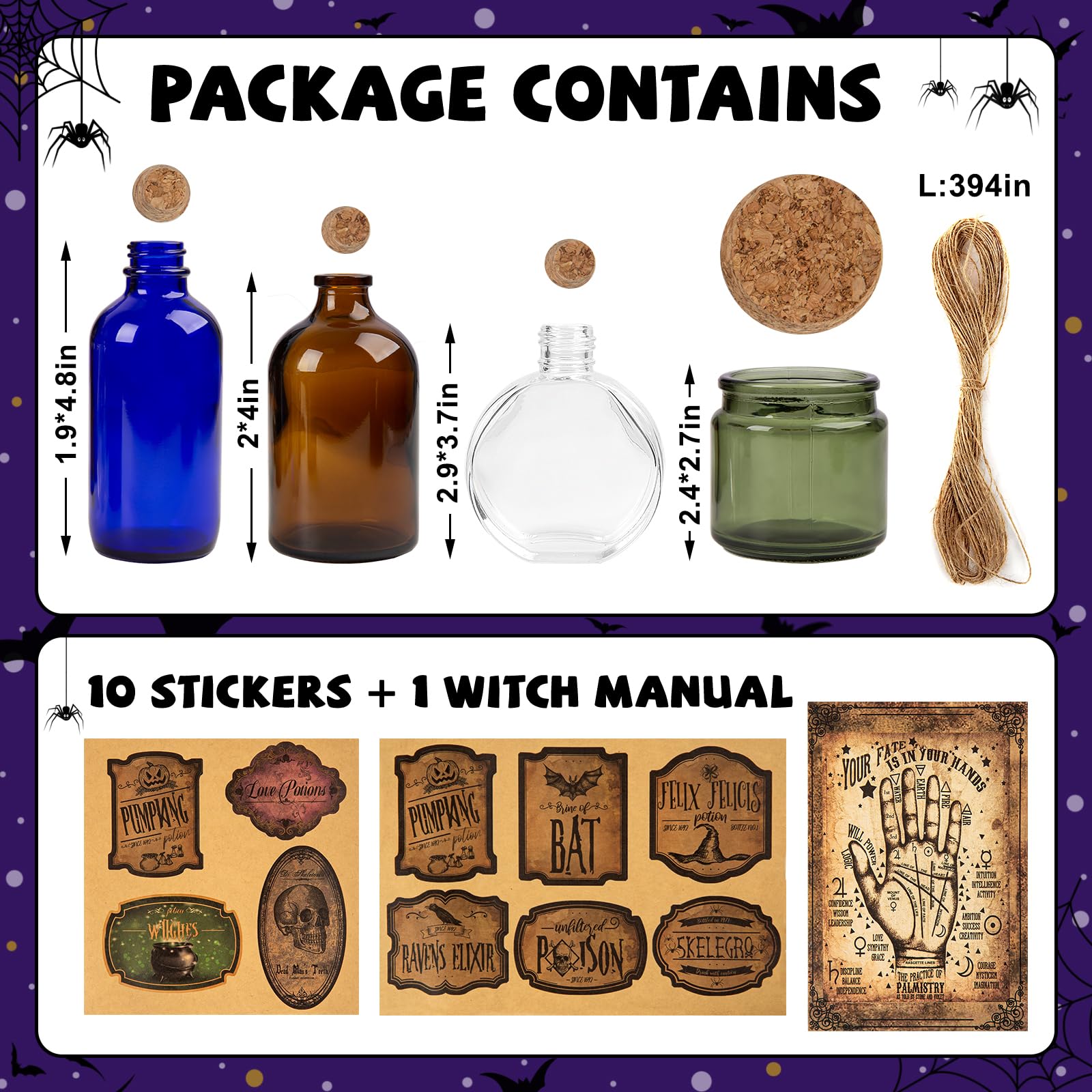 HOHUCRAB Potion Bottles Halloween Decoration, Set of 4 Glass Potion Bottles with Corks and 10 Halloween Bottle labels, Halloween