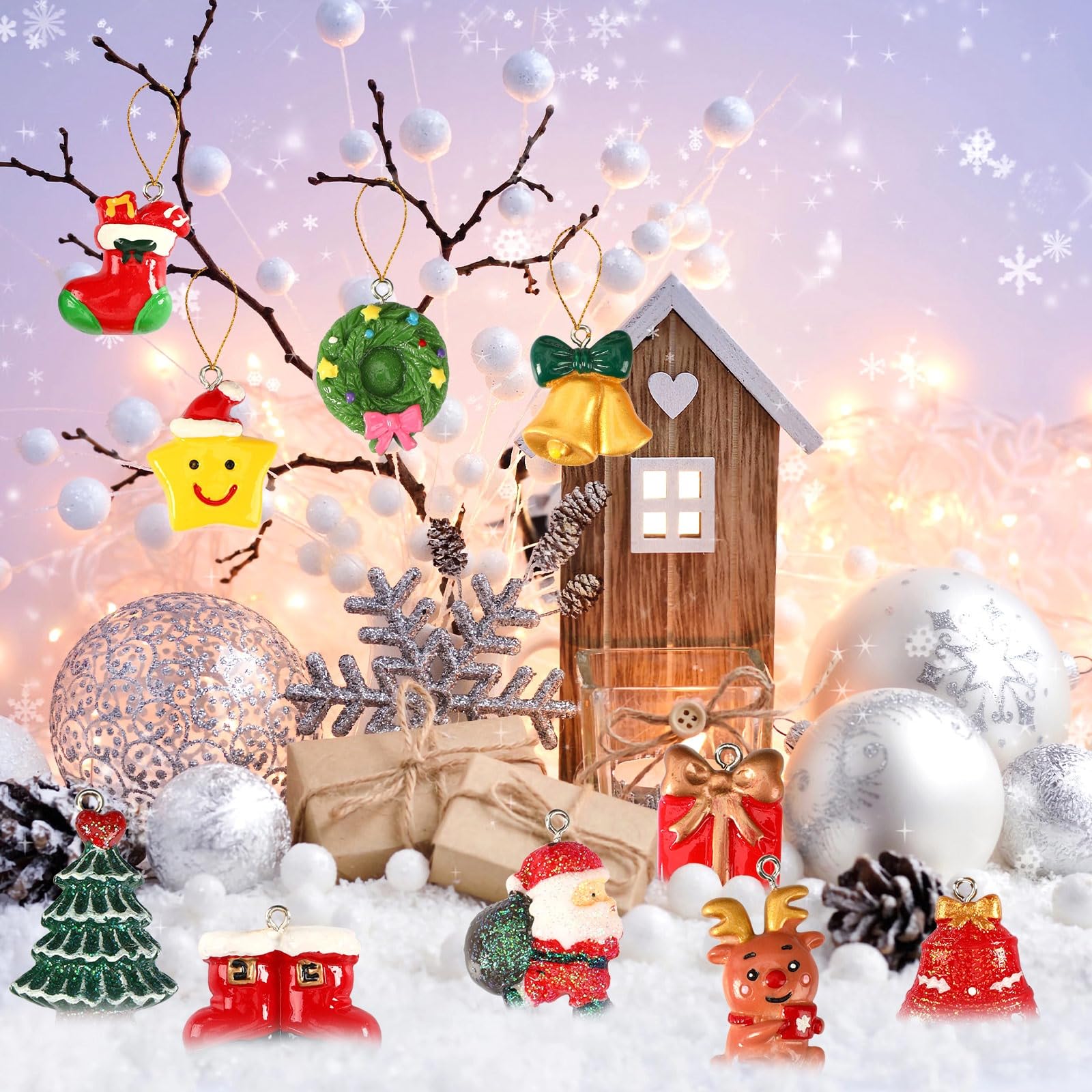 DTOFOOT 36PCS Mini Resin Christmas Ornaments Tiny Christmas Hanging Ornaments for Tree Xmas Miniatures Figurines Charms with Str