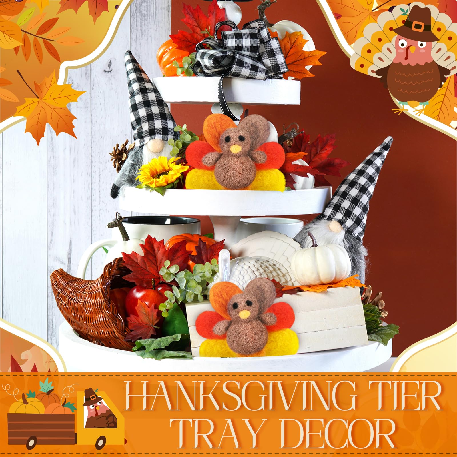 Hollowfly 6 Pcs Thanksgiving Felt Turkey Fall Felt Garland Mini Wool Turkey Decorations Wool Autumn Ornaments for Thanksgiving F