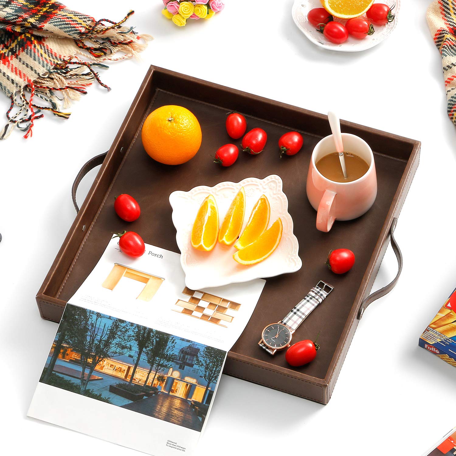 Ranslen Square Leather Serving Tray With Handles, 15''X15'' Table Trays For Ottoman Coffee Table, Decorative Tray For Home Organ