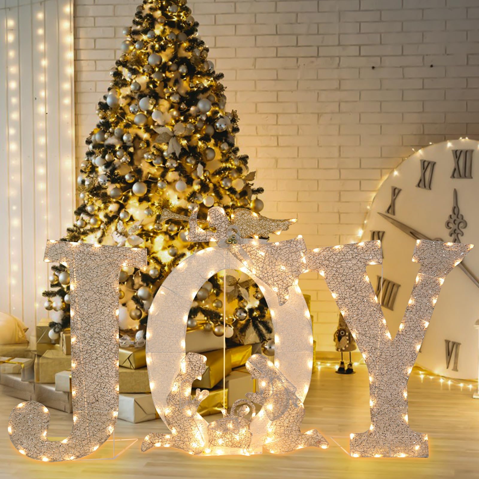 Outdoor Christmas Joy Decoration Christmas Lighted Joy with Nativity Scene Decoration for Xmas Home Pathway Lawn Party Display