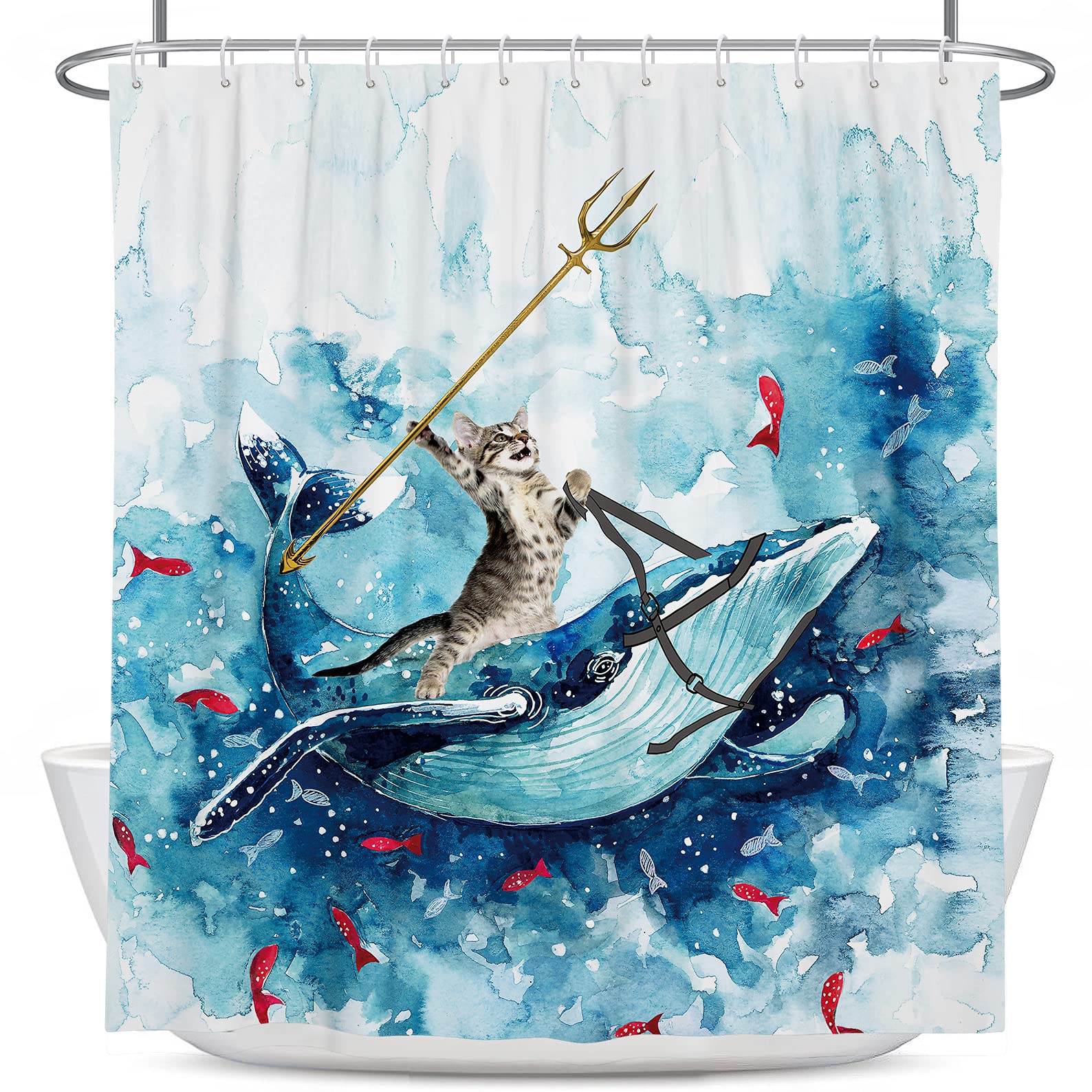 Coxila Funny Cat Shower Curtain Riding Whale Ocean Cute Fun Cool Kids Anime Nautical Beach Theme Sea Wave Beach Fish Hilarious B