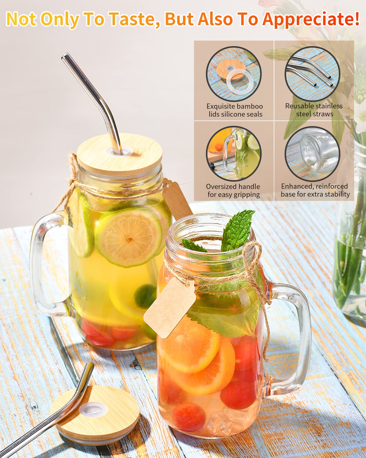 Tanglong Mason Jar With Lid And Straw 24 Oz Mason Jar Cups Set Of 8 Glass Cups With Lids And Straws Mason Jars With Handle Drink