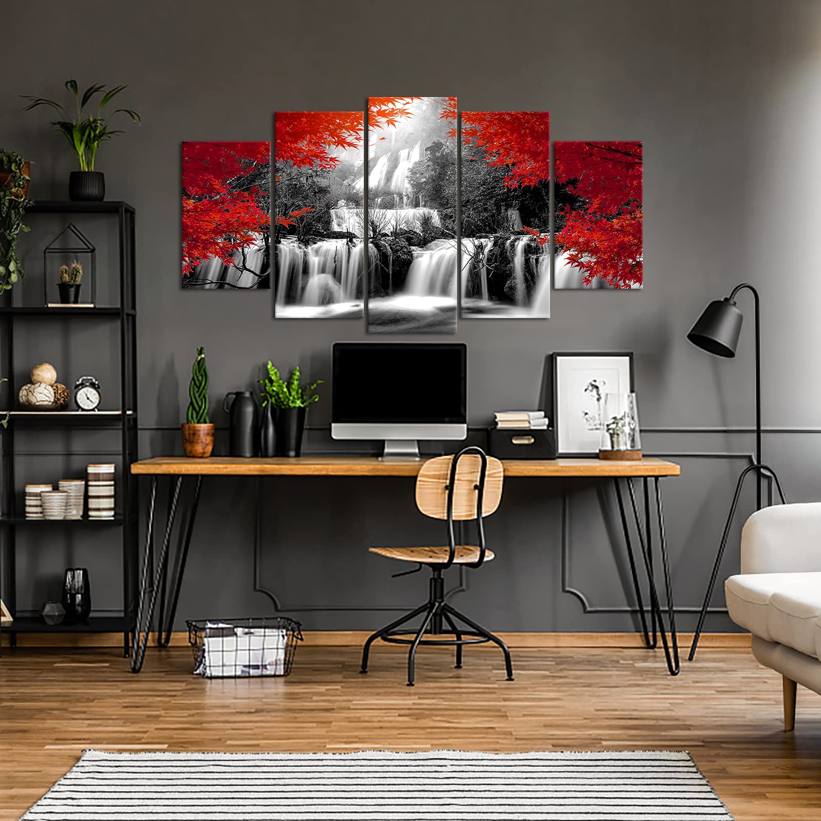 Vanseeing 5 Pieces Autumn Forest Waterfall Canvas Wall Art Red Tree Nature Scenery Picture Dreamlike River Natural Landscape Art