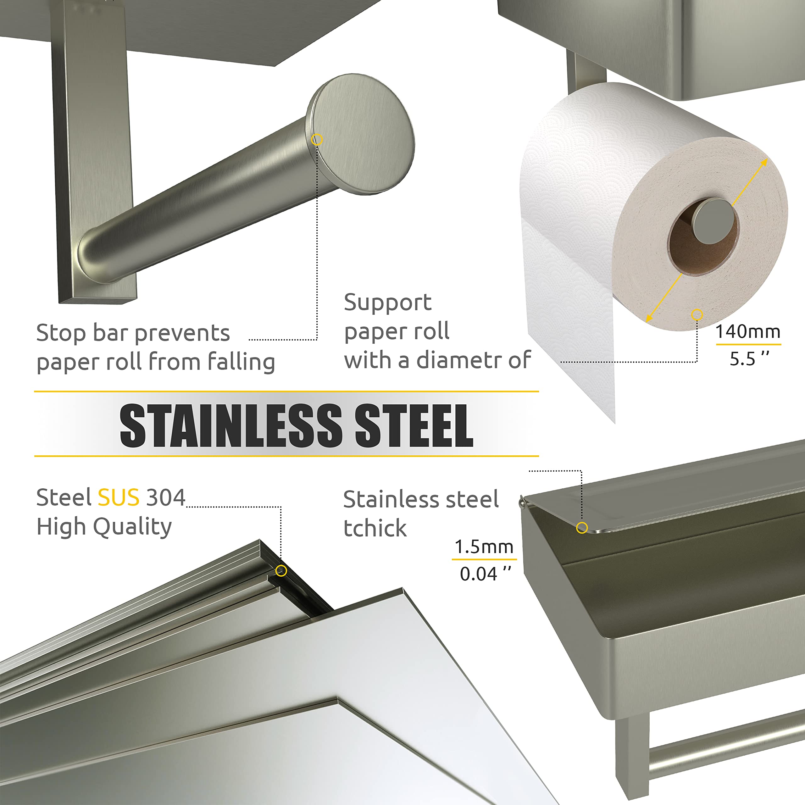Sayoneyes Brushed Nickel Toilet Paper Holder With Shelf And Storage - Sus304 Stainless Steel Flushable Wipes Holder - Two Instal