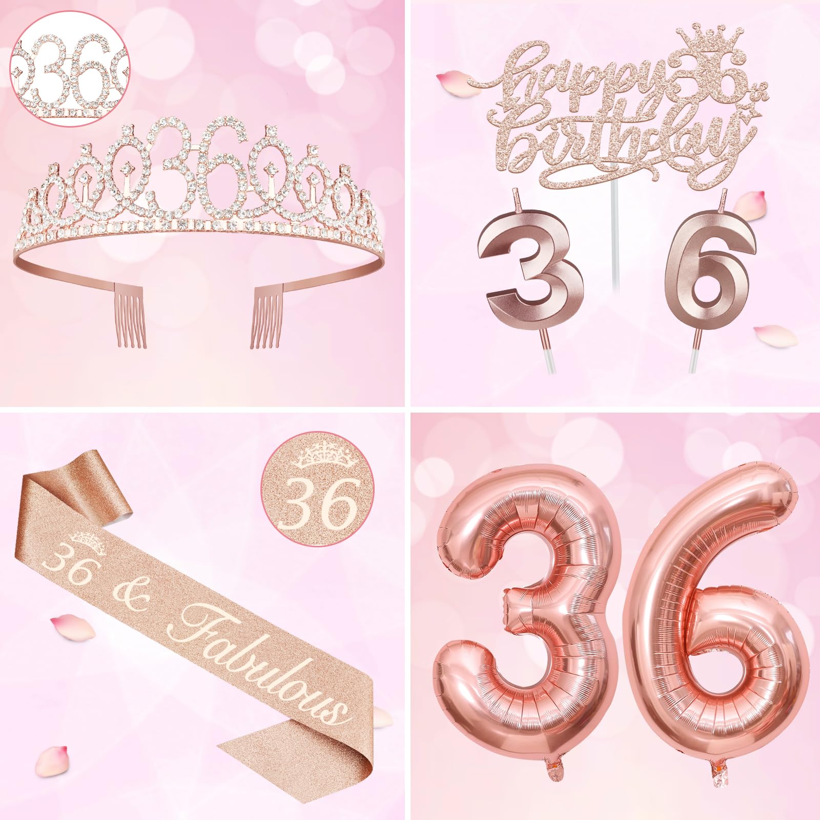 36Th Birthday Decorations For Women Including 36Th Birthday Sash, Tiara/Crown, Candles And Cake Topper, Number 36 Balloons, 36Th