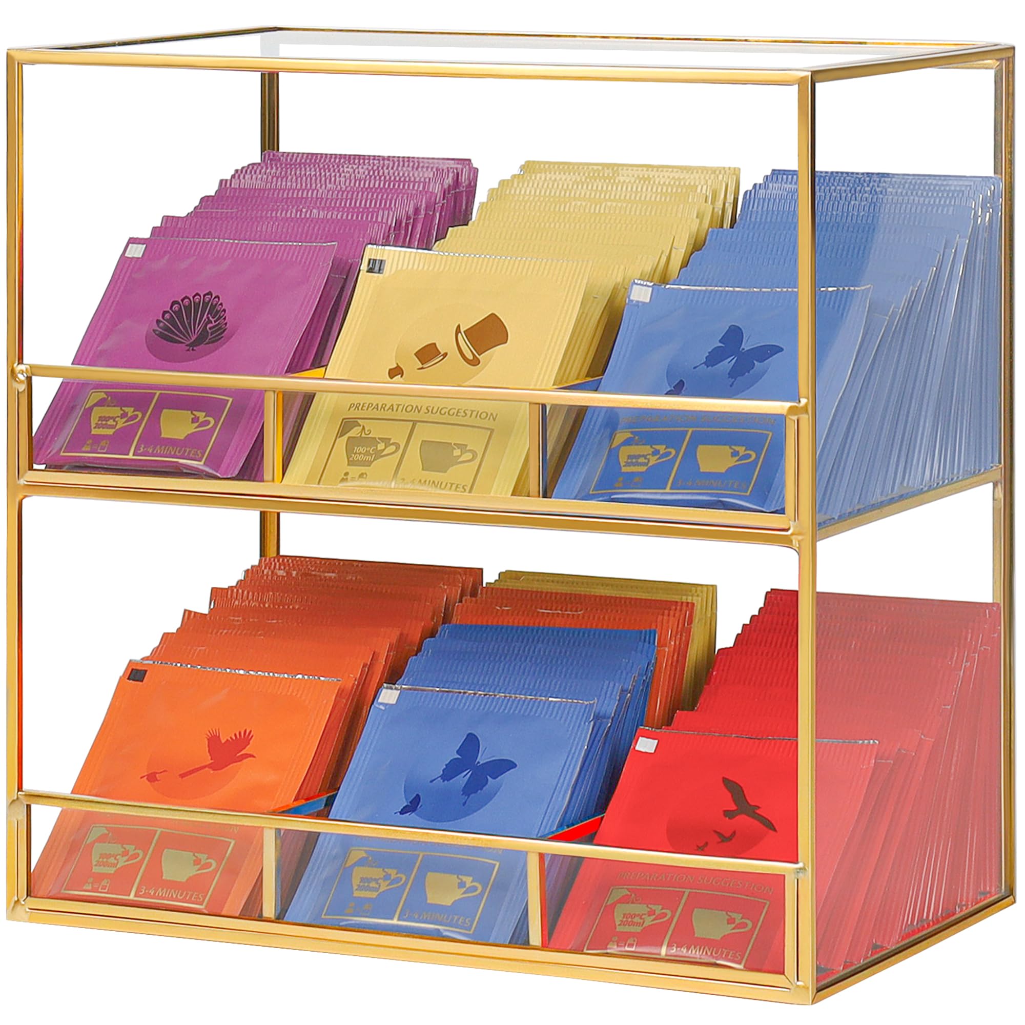REDHUGO Glass Tea Bag Organizer for Counter, 2Tier Teabag Organizer Storage Holder for Tea Bags, Glass Caddy Box Containers, Ra