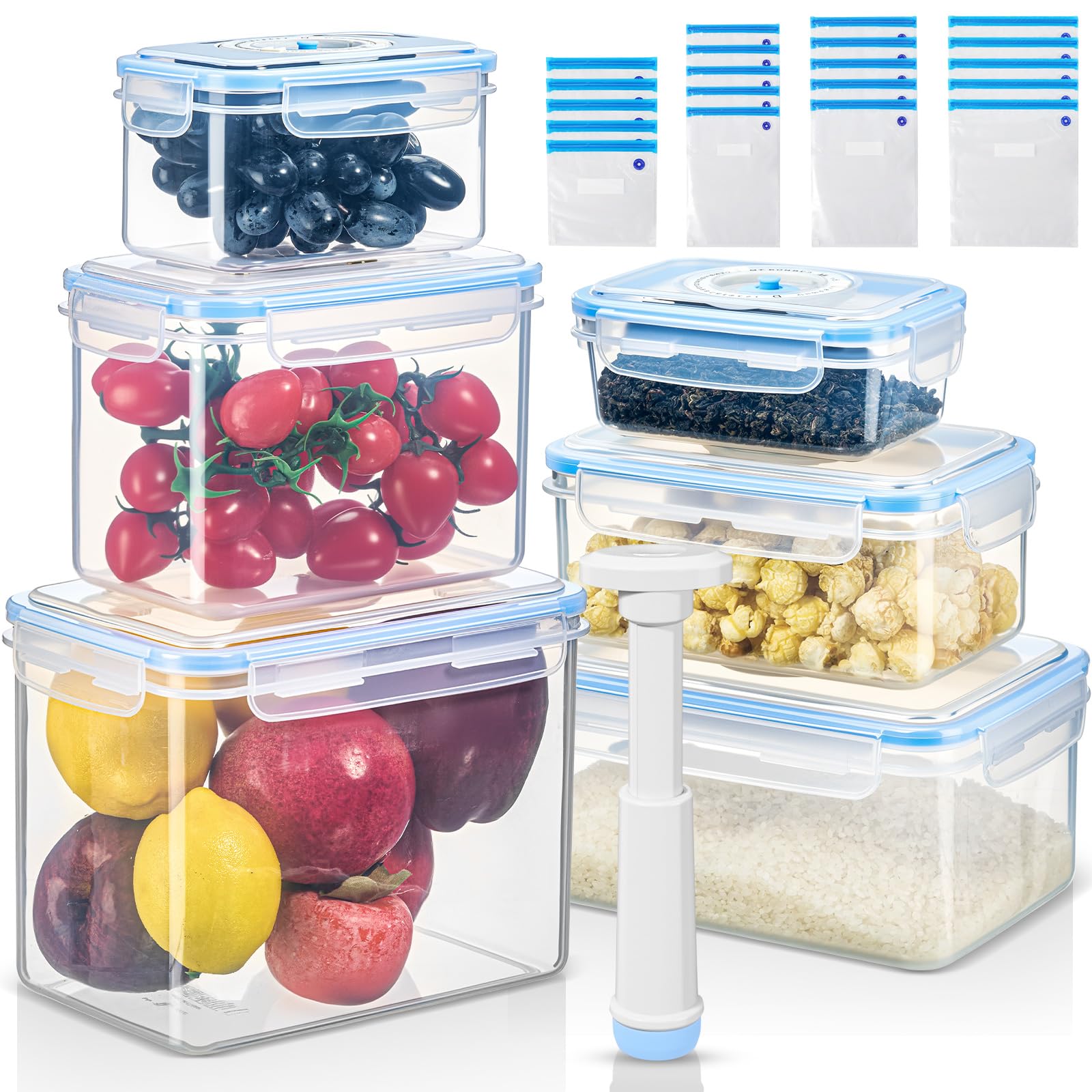 LemonRoad 33 Piece Vacuum Seal Storage Food Containers with Lids (6Containers&6 Lids&20 Sealable Bags&1 Hand Vacuum Pump), Meal 