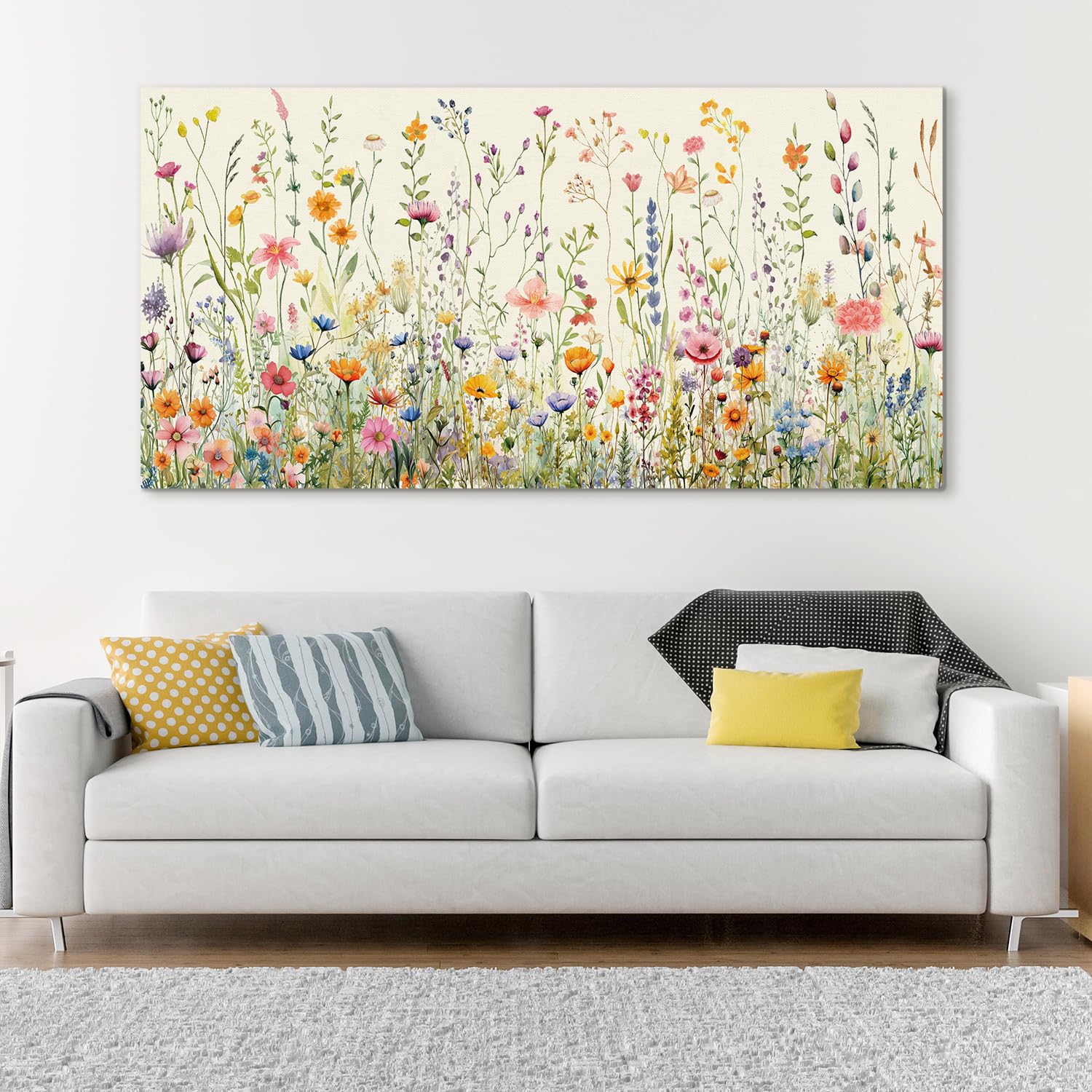 Hpinub Colorful Flower Framed Canvas Wall Art Set, Watercolor Daisy Floral Wall Decor, Wildflower Green Leaf Wall Painting, Mult