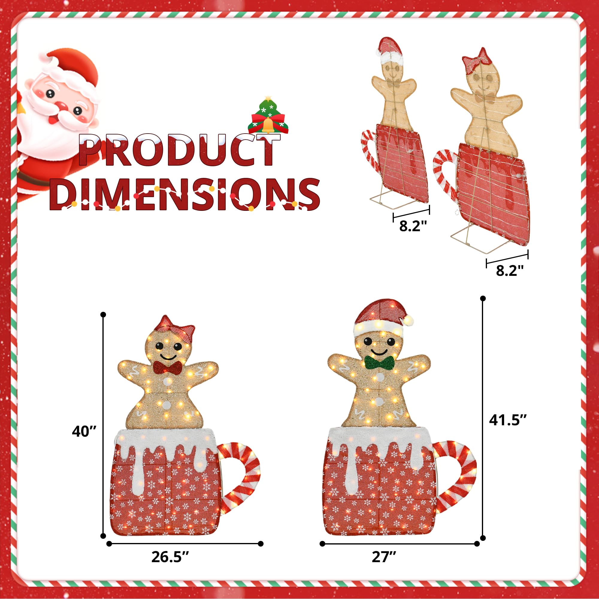 VELTENOVAIRE 42 H Lighted Gingerbread Outdoor Christmas Decorations, Pre-lit Gingerbread Boy & Girl in Hot Cocoa Mug Ornament, 2