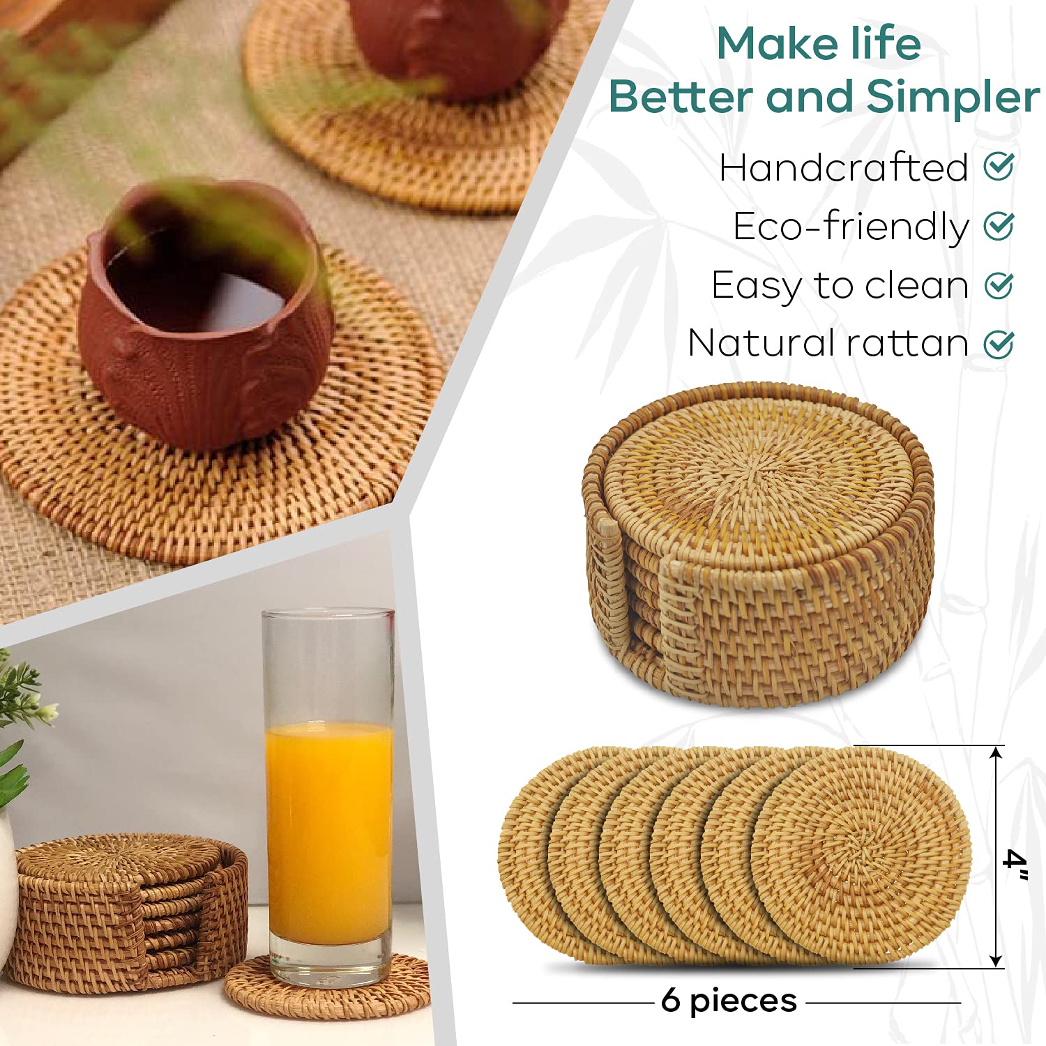 Eneocare Handmade Natural Rattan Coasters For Drinks, Wicker Boho Coasters, Woven Coasters For Drinks | Heat Resistant Reusable