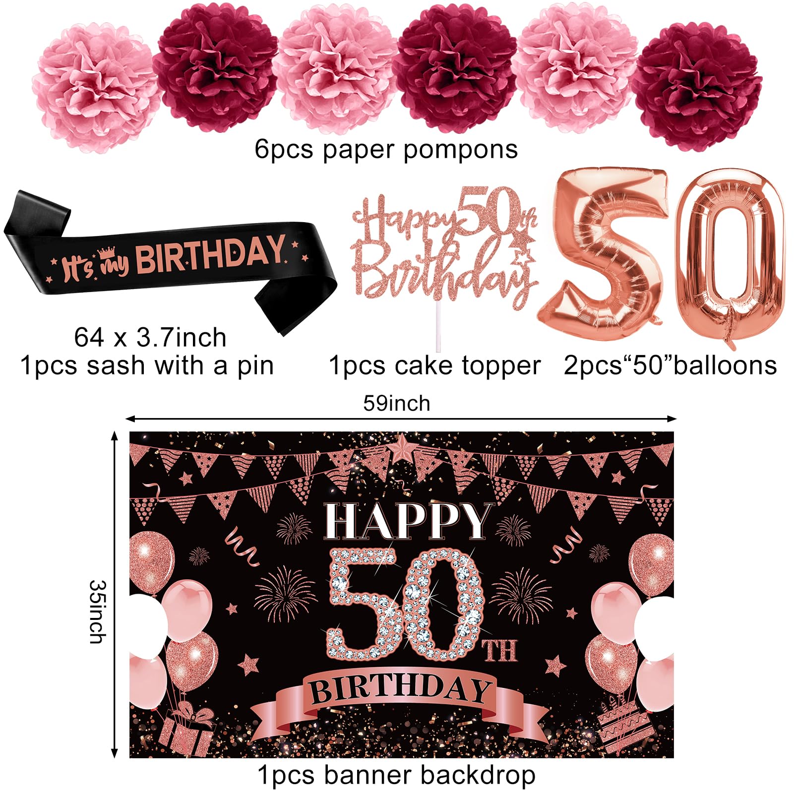 42Pcs 50Th Birthday Decoration Kit For Women, Rose Gold Happy 50Th Bday Banner Balloons Honeycomb Centerpiece Swirl Paper Pompom