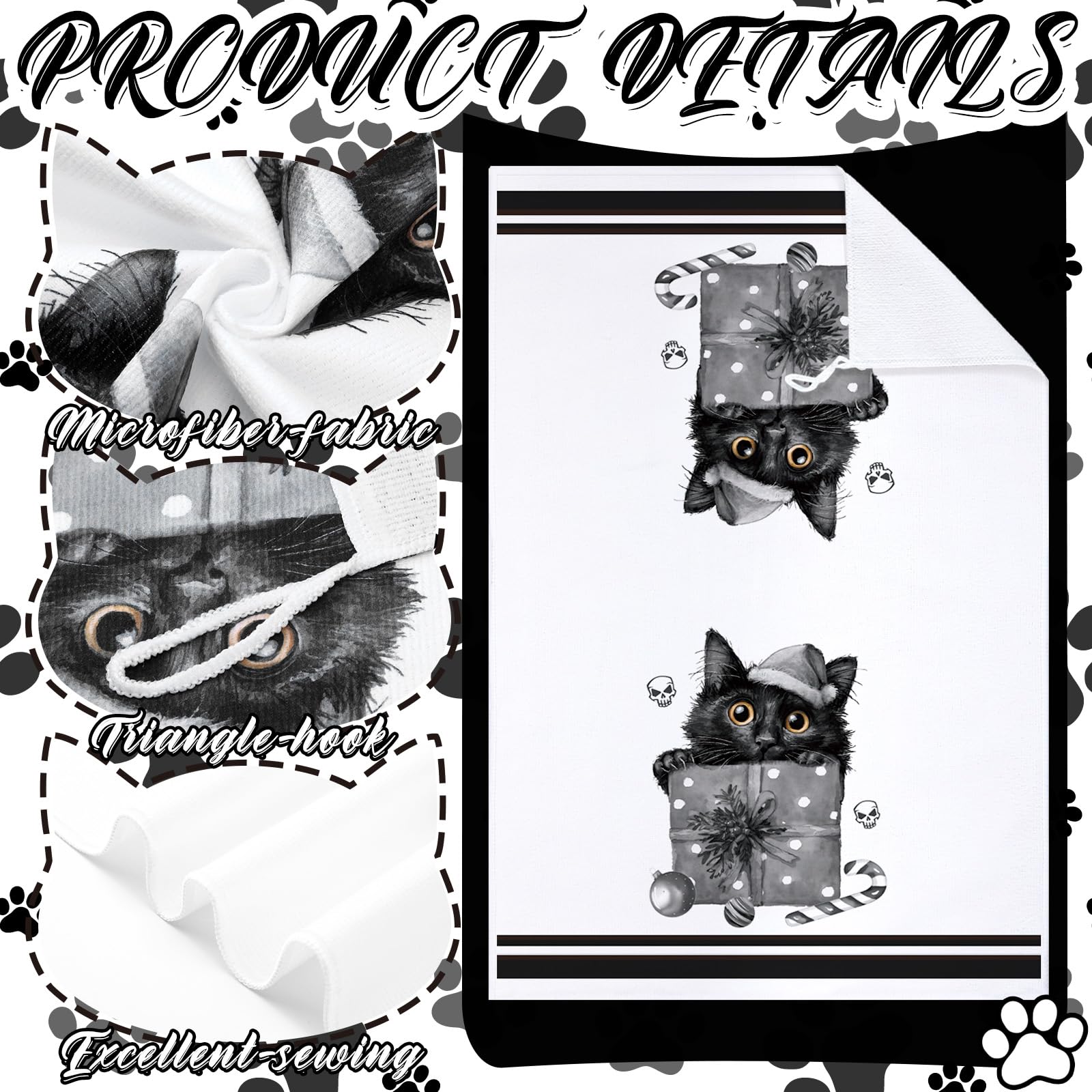 Bencailor 6 Pcs Gothic Christmas Kitchen Towels Black Cat Spooky Christmas Dish Hand Towels Creepy Horror Xmas Tea Washcloth for