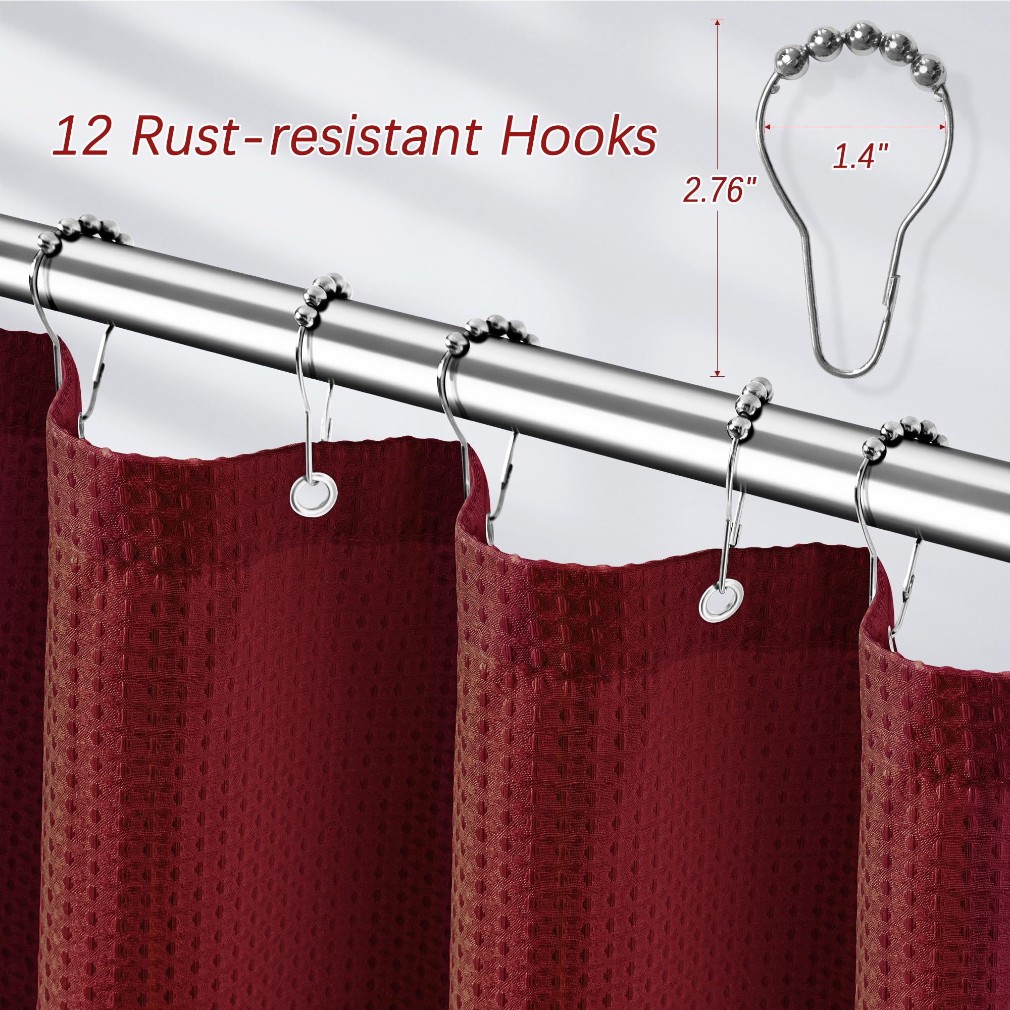 Pangsinne Long Burgundy Fabric Shower Curtain - Waffle Textured Tall Heavy Duty Cloth Shower Curtains For Bathroom, 256Gsm Large