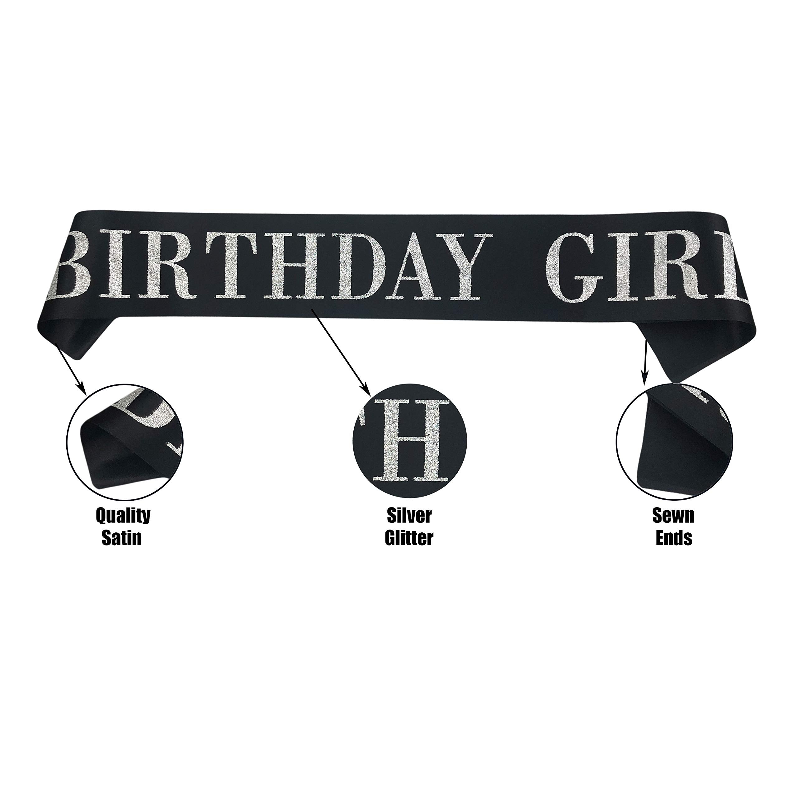 Birthday Girl Sash For Women,Black Satin Silver Glitter Sash,Happy Birthday Princess Party Decorations,Women'S Birthday Party Su