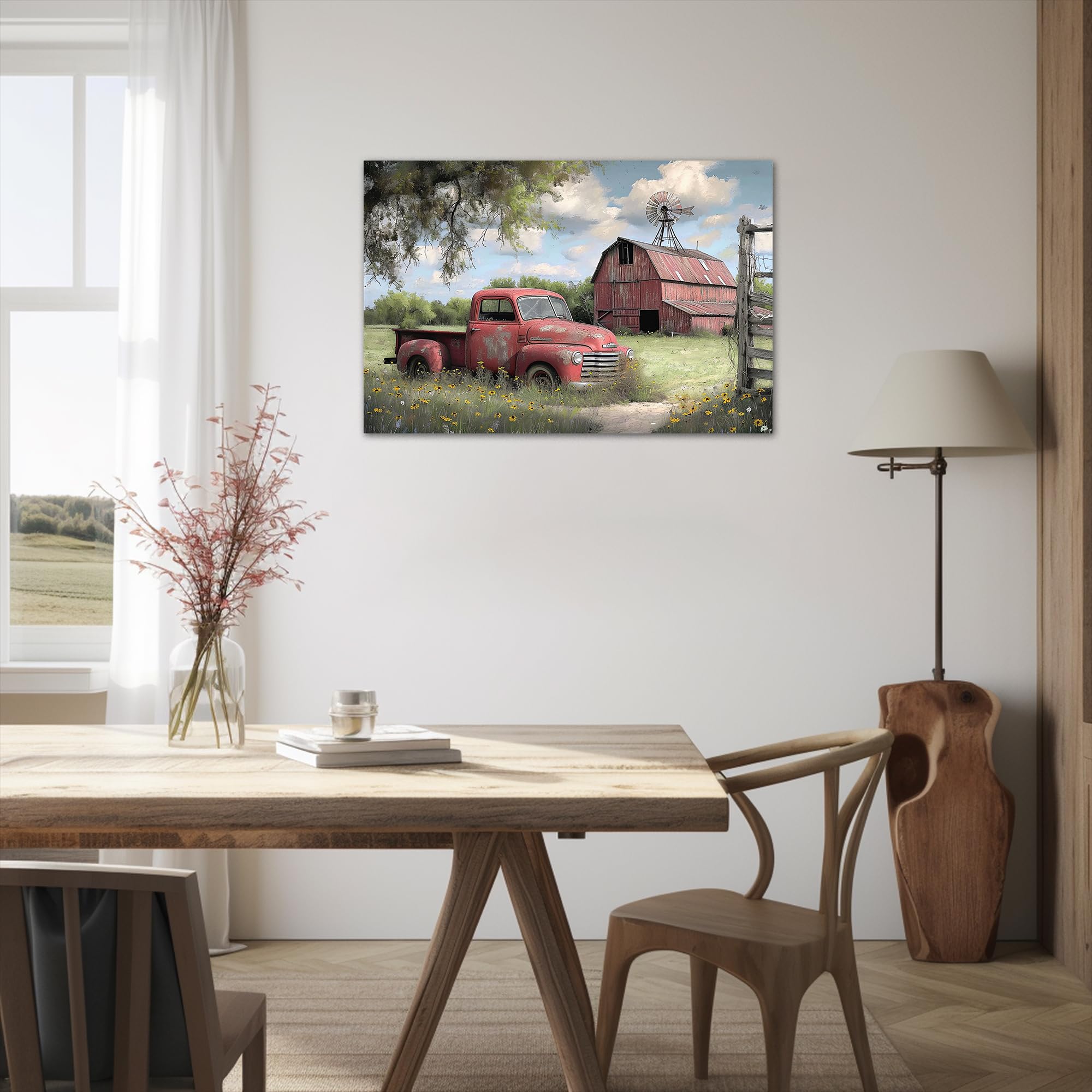 Farmhouse Truck Wall Art, Spring Canvas Prints, Old Pickup Truck & Windmill Pictures For Living Room Wall Decoration, Rustic Cou