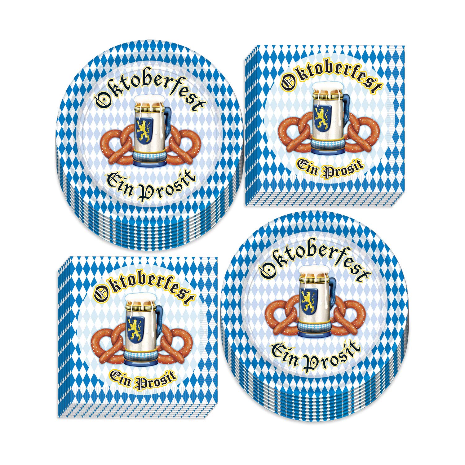 Oktoberfest Party Supplies - Blue And White Checkered Pretzel Paper Dessert Plates And Beverage Napkins (Serves 16)