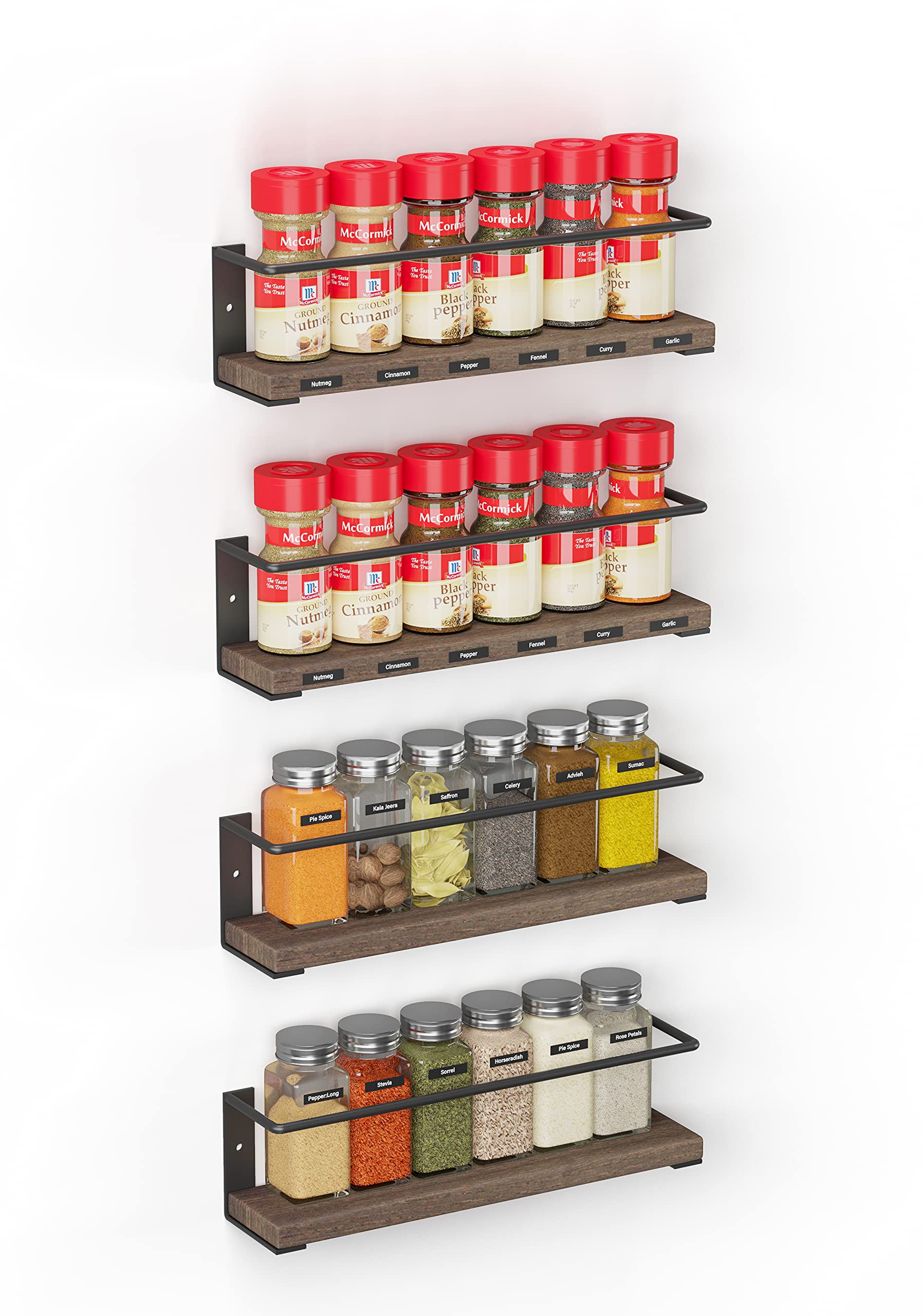 SpaceAid Spice Rack Organizer for Cabinet Door or Wall Mount (4 Pack) with 415 Spice Labels - Wood Hanging Seasoning Shelf for C