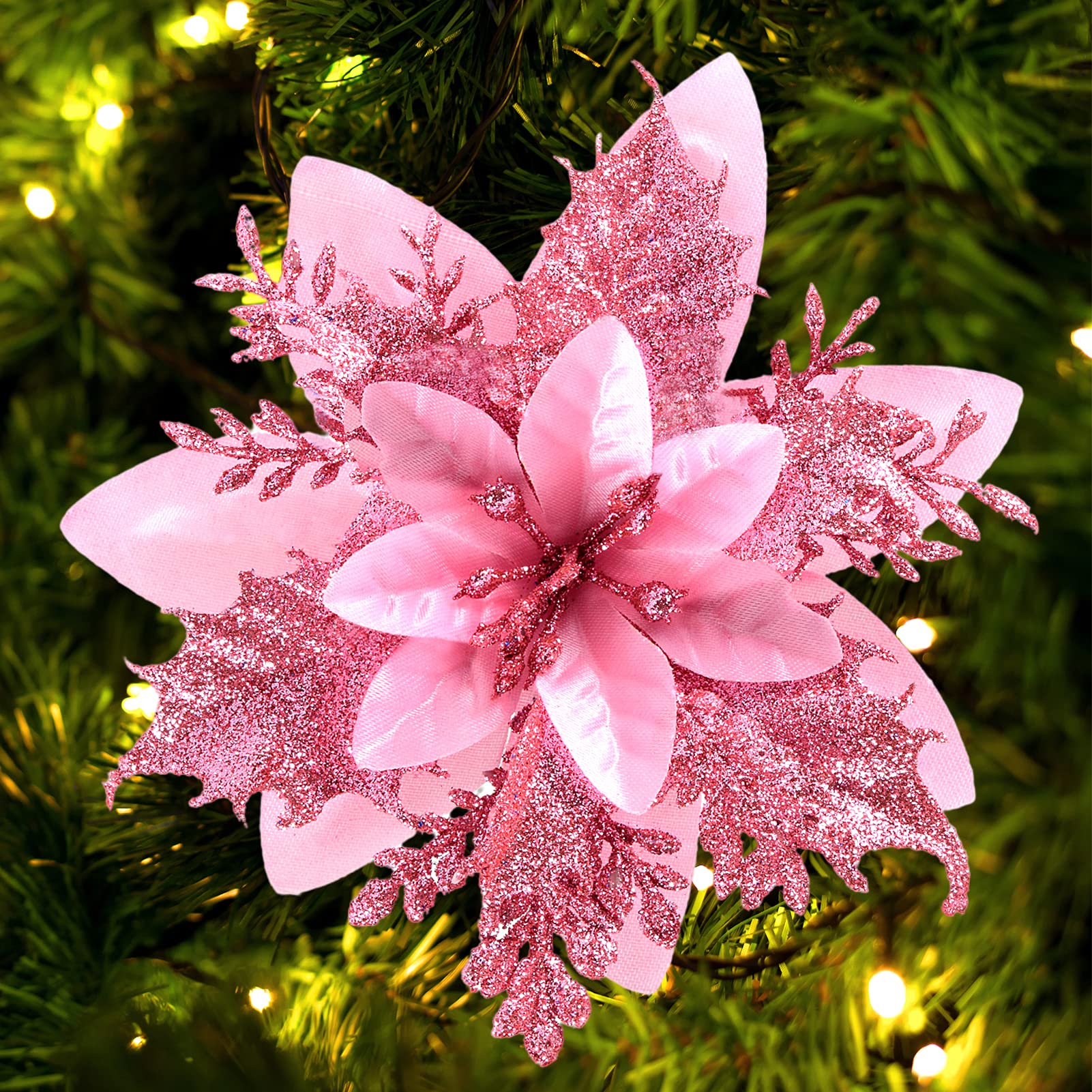 FurRain Christmas Poinsettia Artificial Flowers Decorations 5.5 Christmas Tree Wreaths Garland Decoration 12 Pcs Glitter Flowers