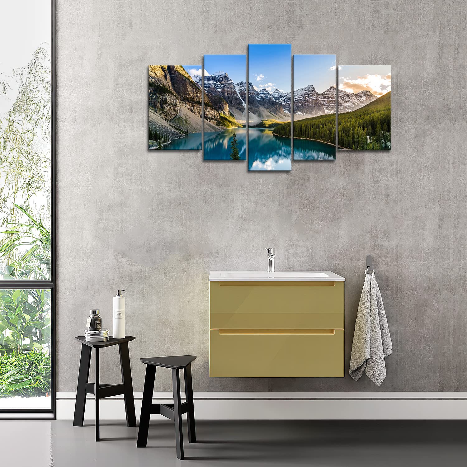 Wall Art Decor Poster Painting On Canvas Print Pictures 5 Pieces Moraine Lake and Mountain Range Sunset Canadian Rocky Mountains Landscape Framed Picture for Home Decoration Living Room Artwork