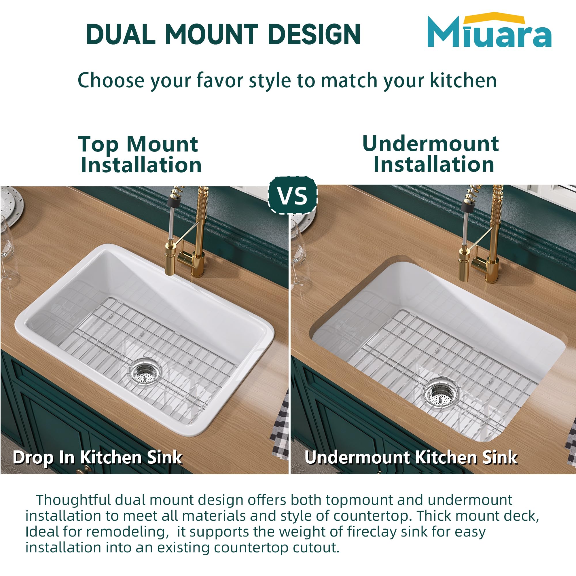 Miuara White Undermount Kitchen Sink 27 Inch - Kitchen Sink Drop In 27''X19'', 9'' Deep Dual Mount Drop In Kitchen Sink, Topmoun