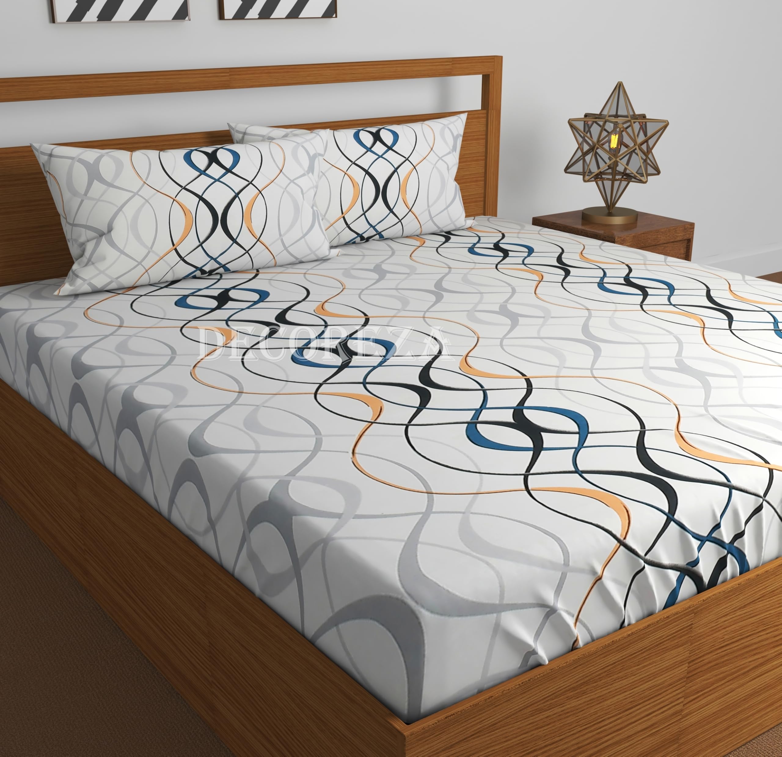 Decoreza 240 Tc Cotton Feel Glace Cotton Elastic Fitted Printed King Size Double Bed Bedsheet With 2 Pillow Covers And Fits Upto
