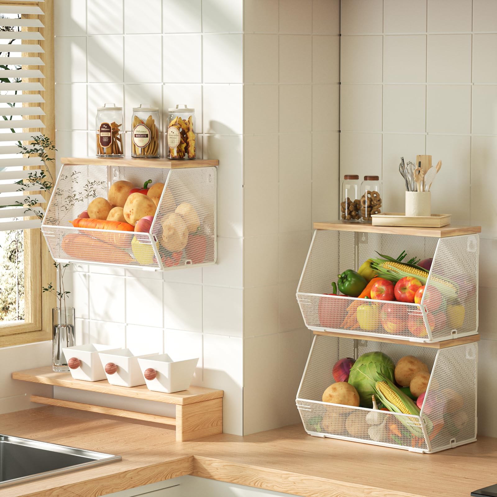 3 Pack Fruit Basket for Kitchen, Stackable Fruit Bowl for Potato and Onion Storage, Wall Mounted Wire Basket with Wood Lid for F