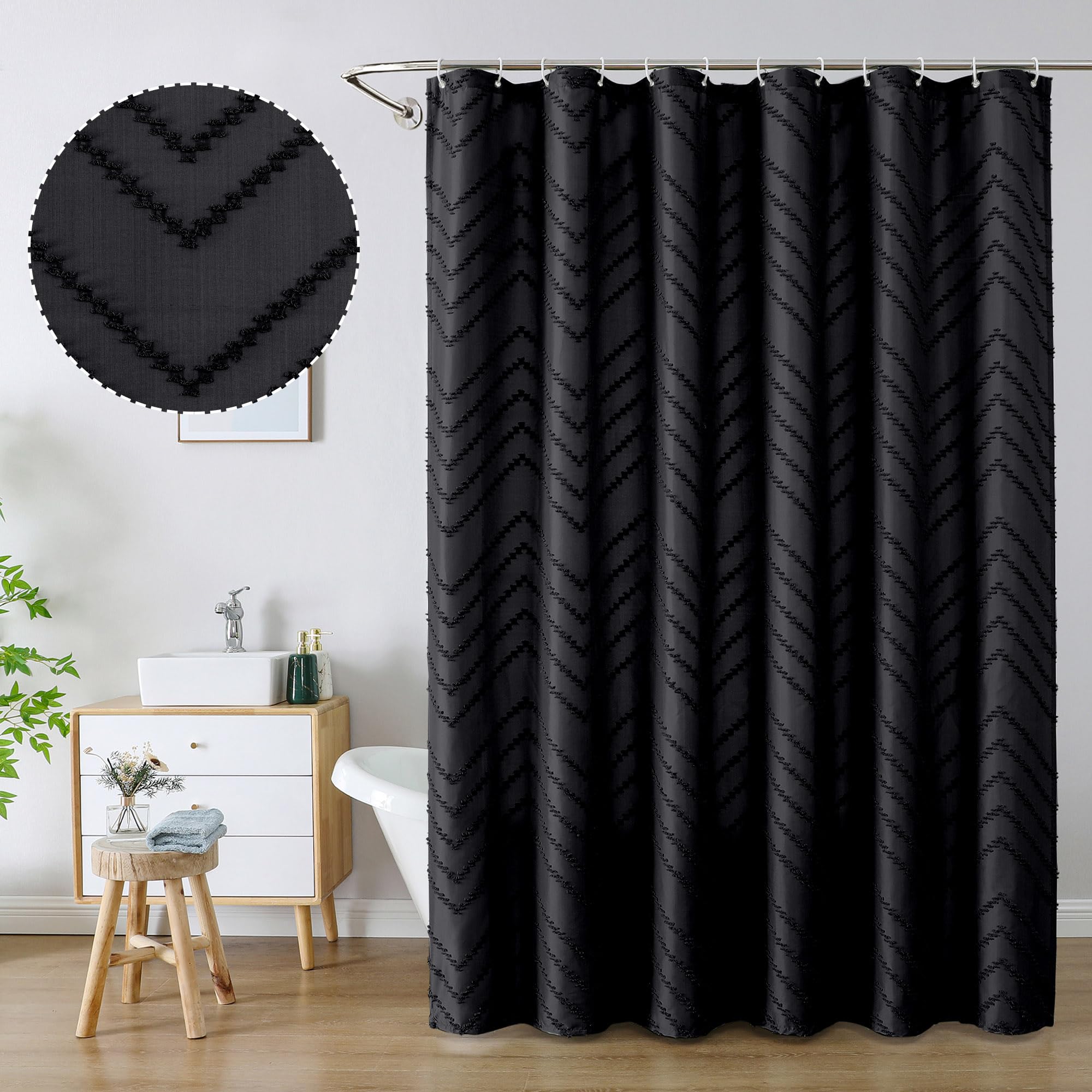 Chyhomenyc Chevron Extra Long Black Boho Shower Curtain Set 72X78 Inches, Fabric Shower Curtain Modern Farmhouse Chic Textured T
