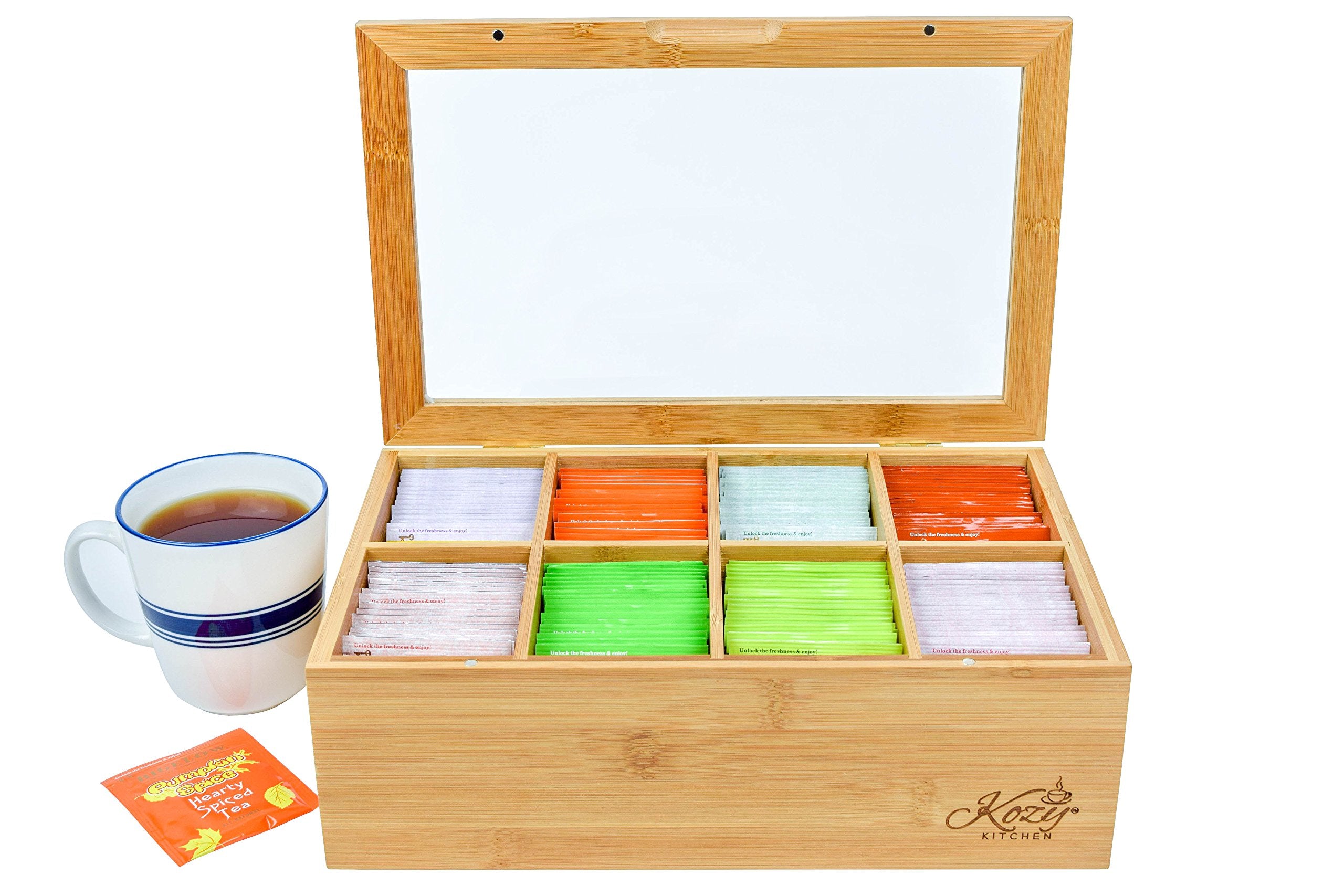 Kozy Kitchen Tea Box Storage Organizer| Large 8-Storage Compartments And Clear Shatterproof Hinged Lid Tea Chest|Enhanced Organi