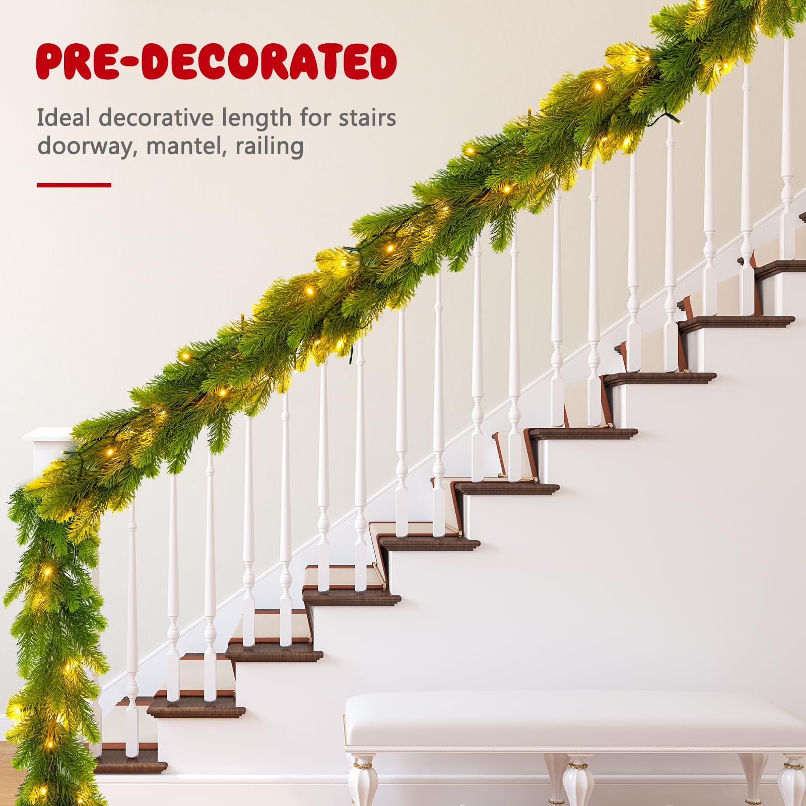 9FT Real Touch Norfolk Pine Christmas Garland with Light Winter Artificial Faux Greenery Garland Table Mantle Stairs Fireplace W