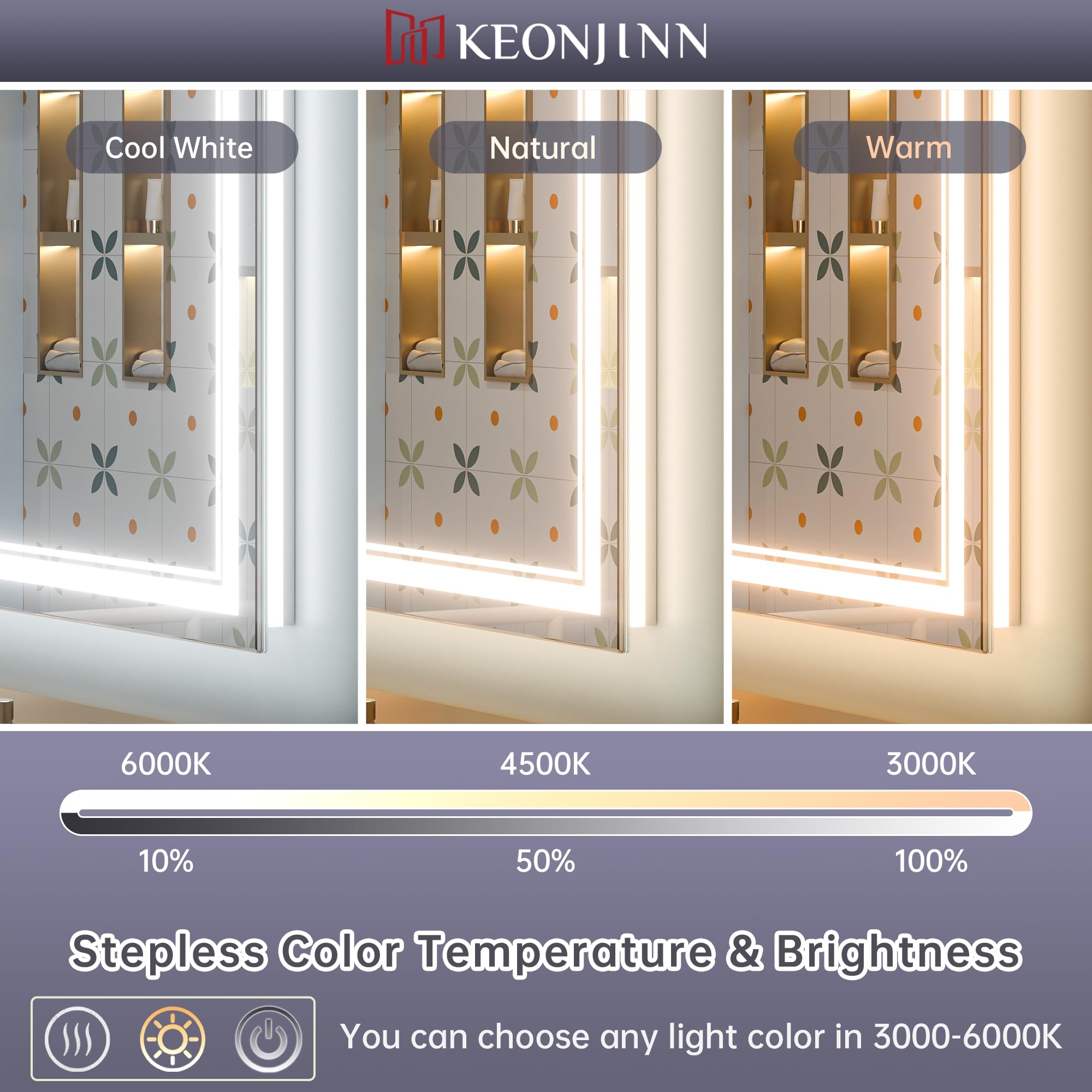 Keonjinn Led Bathroom Mirror 40    X 32    With Frontlit And Backlit, Stepless 3 Colors Temperature & Dimmable Wall Mirror, Ul L