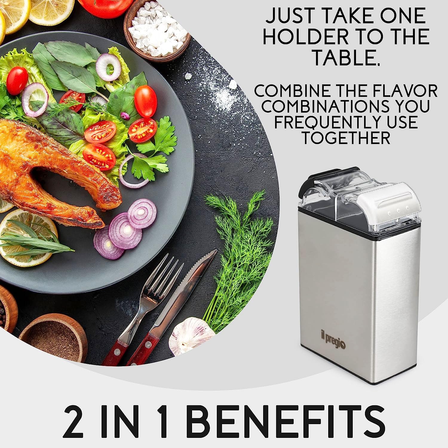 Il Pregio Double Spice Stainless Steel Seasoning Jar Shaker - 2 In 1 Salt And Pepper Dispenser With Adjustable Pour Holes | 2.3O
