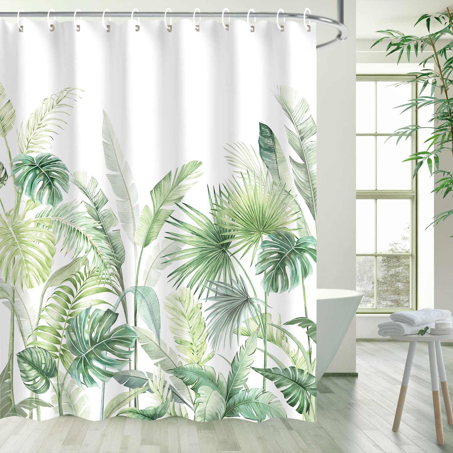 Rosielily Tropical Shower Curtain, Green Shower Curtain, Plant Shower Curtain, Leaf Shower Curtain, Botanical Shower Curtain Set